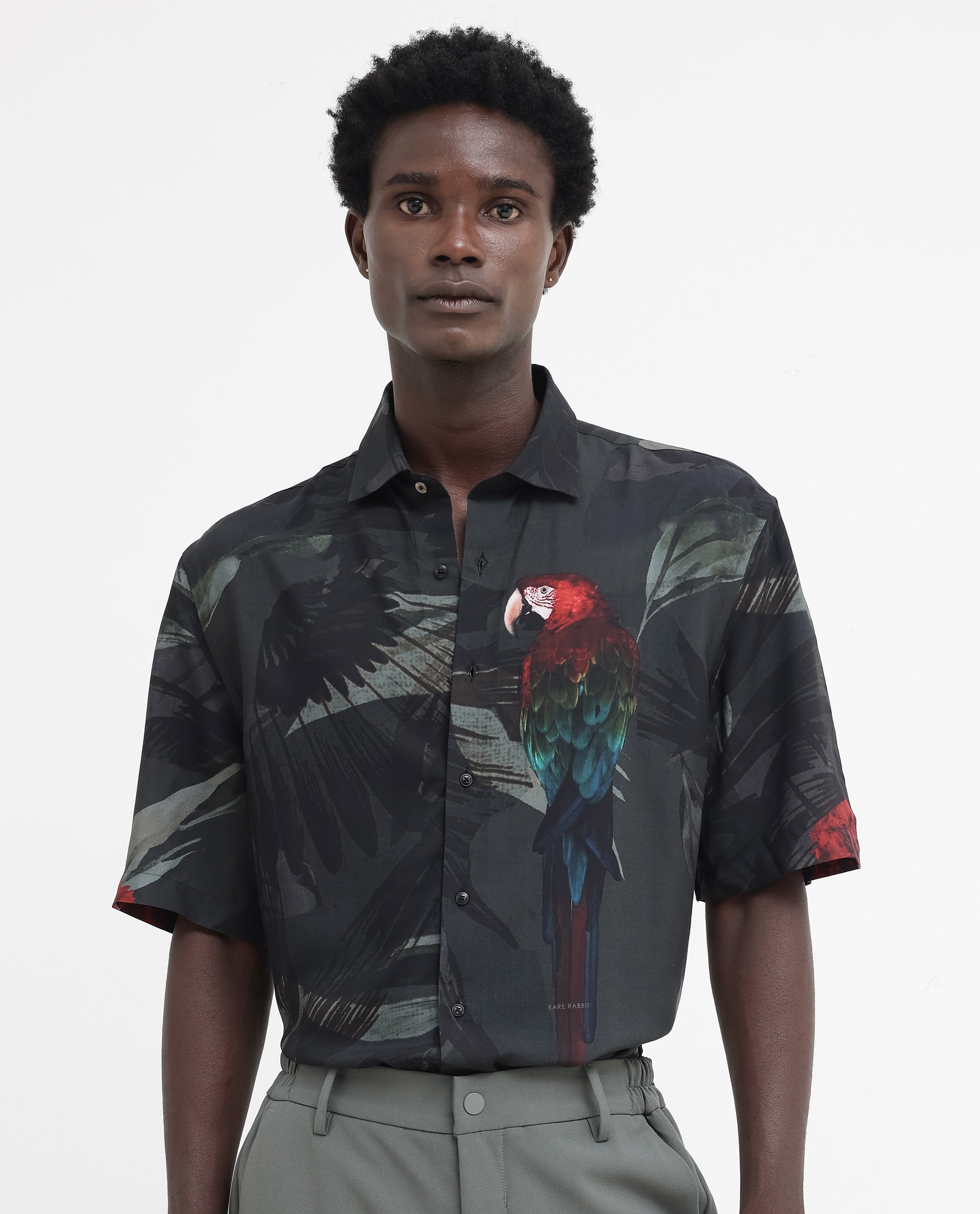 Rare Rabbit Mens Parrot Dark Grey Viscose Fabric Short Sleeve Boxy Fit Animal Print Shirt