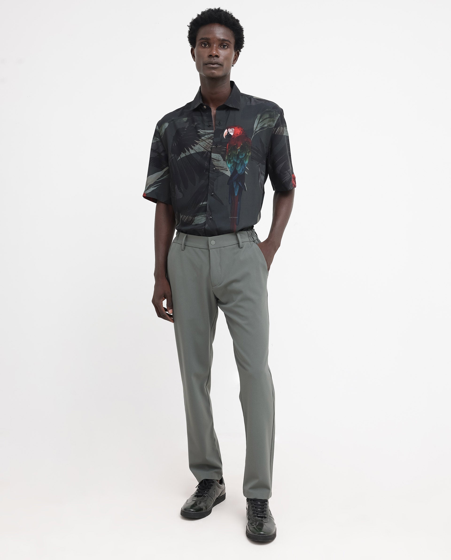 Rare Rabbit Mens Parrot Dark Grey Viscose Fabric Short Sleeve Boxy Fit Animal Print Shirt