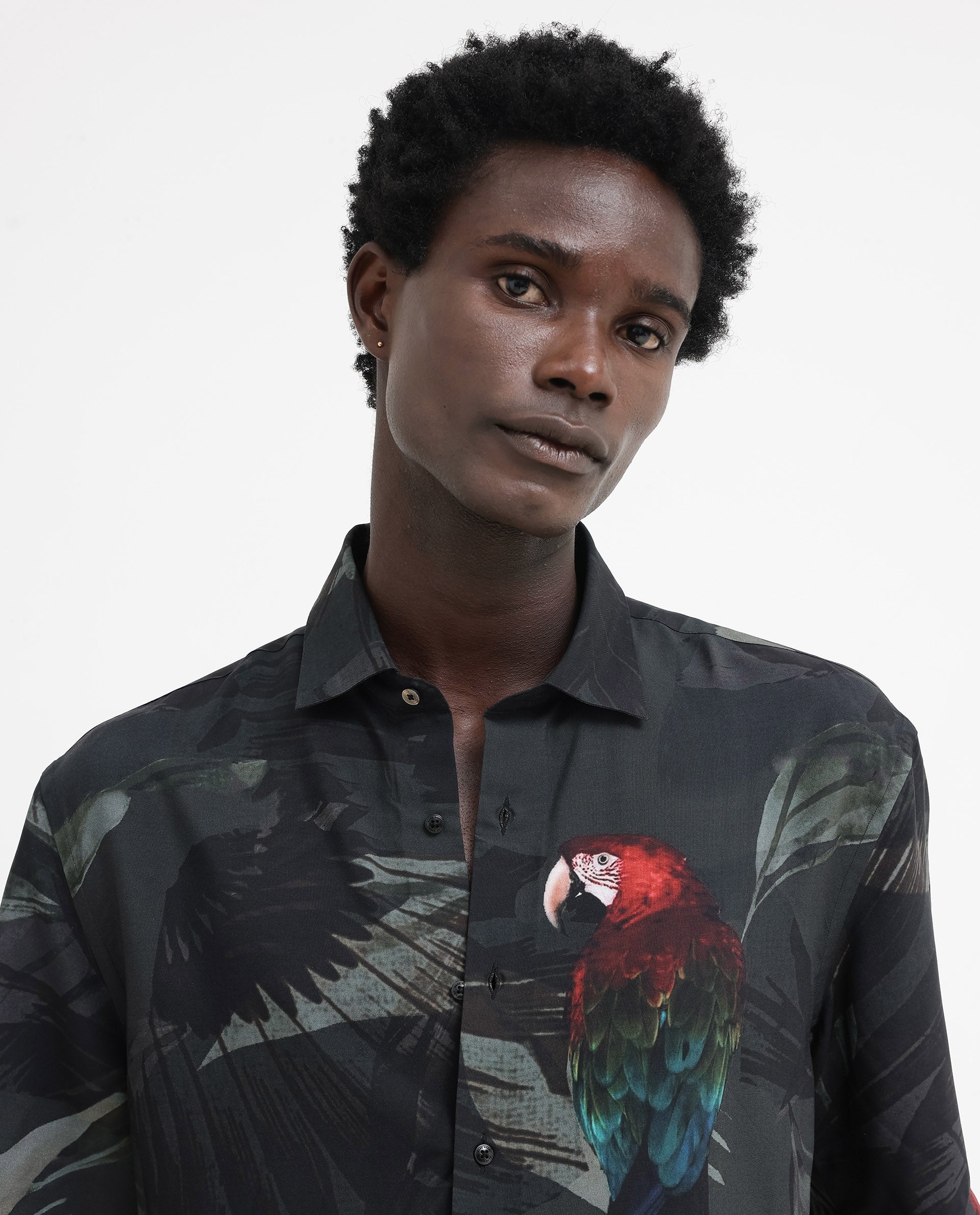 Rare Rabbit Mens Parrot Dark Grey Viscose Fabric Short Sleeve Boxy Fit Animal Print Shirt