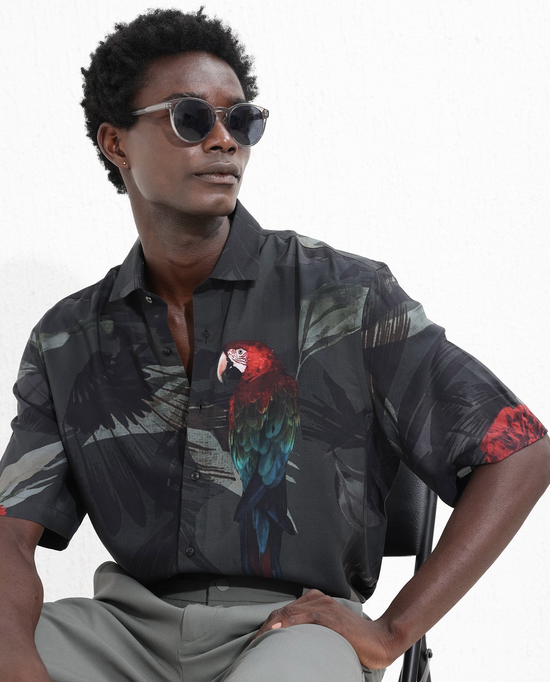 Rare Rabbit Mens Parrot Dark Grey Viscose Fabric Short Sleeve Boxy Fit Animal Print Shirt