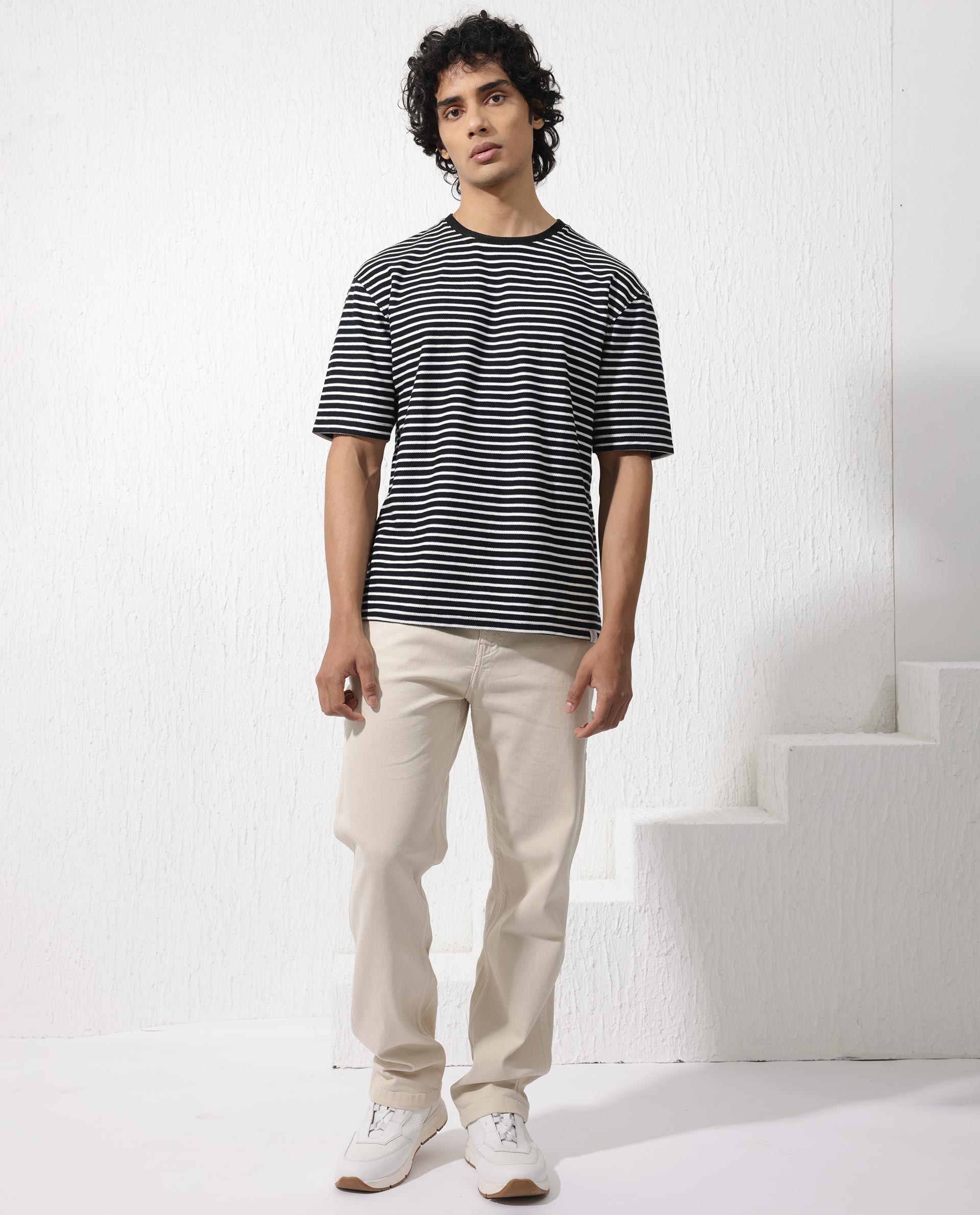 Rare Rabbit Mens Paskot Navy Short Sleeve Stripe Print Oversized T-Shirt