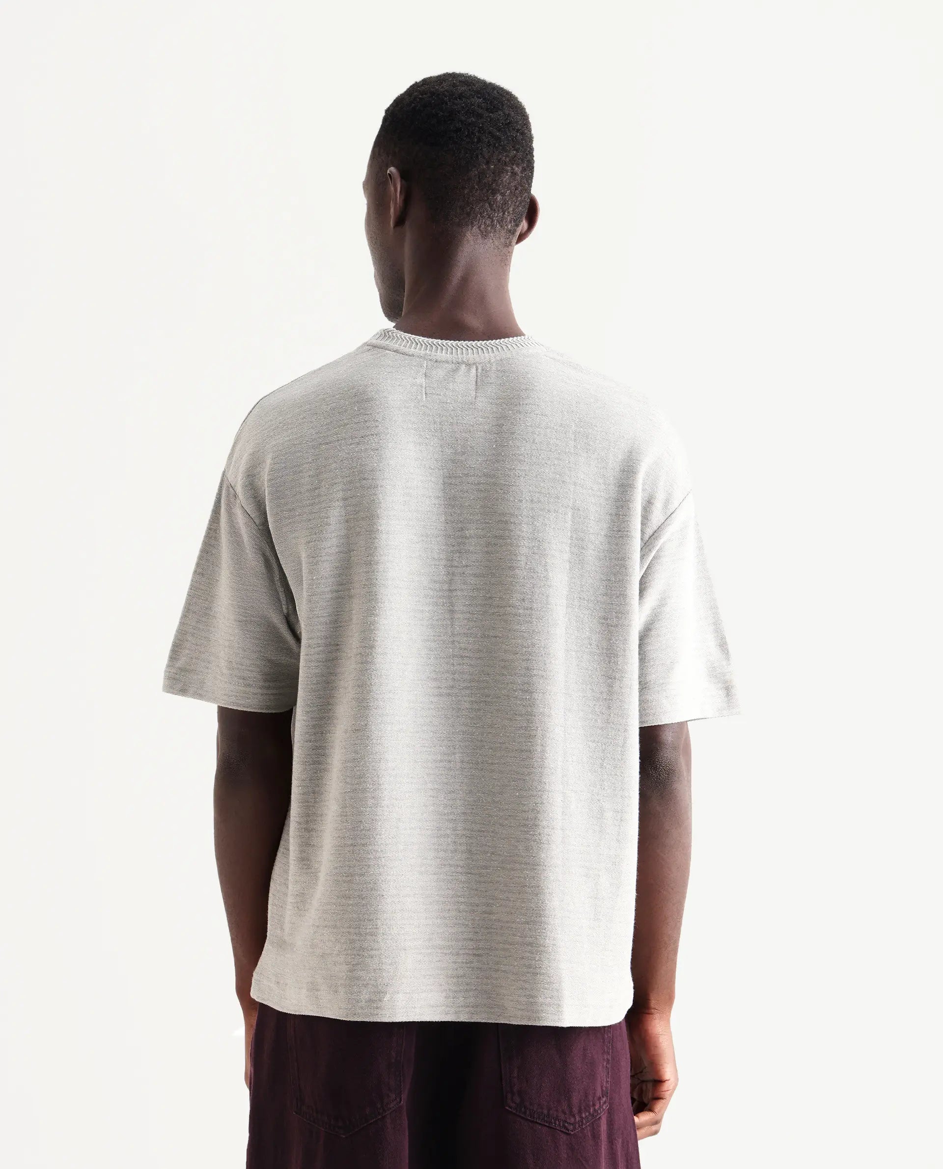 Rare Rabbit Men's Pasco Melange Grey Cotton Striped Print Oversized Fit Half Sleeve Crew Neck T-Shirt