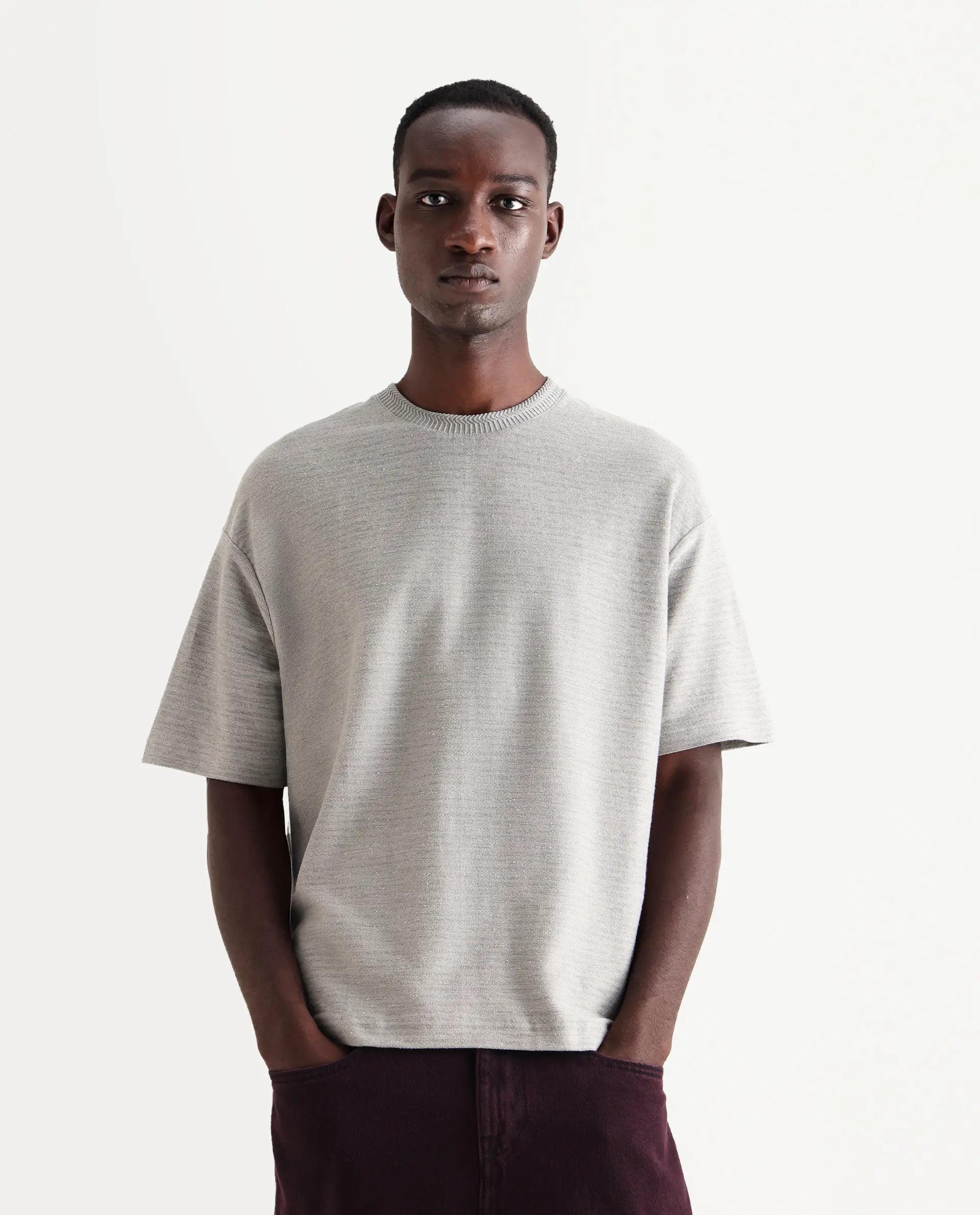 Rare Rabbit Men's Pasco Melange Grey Cotton Striped Print Oversized Fit Half Sleeve Crew Neck T-Shirt