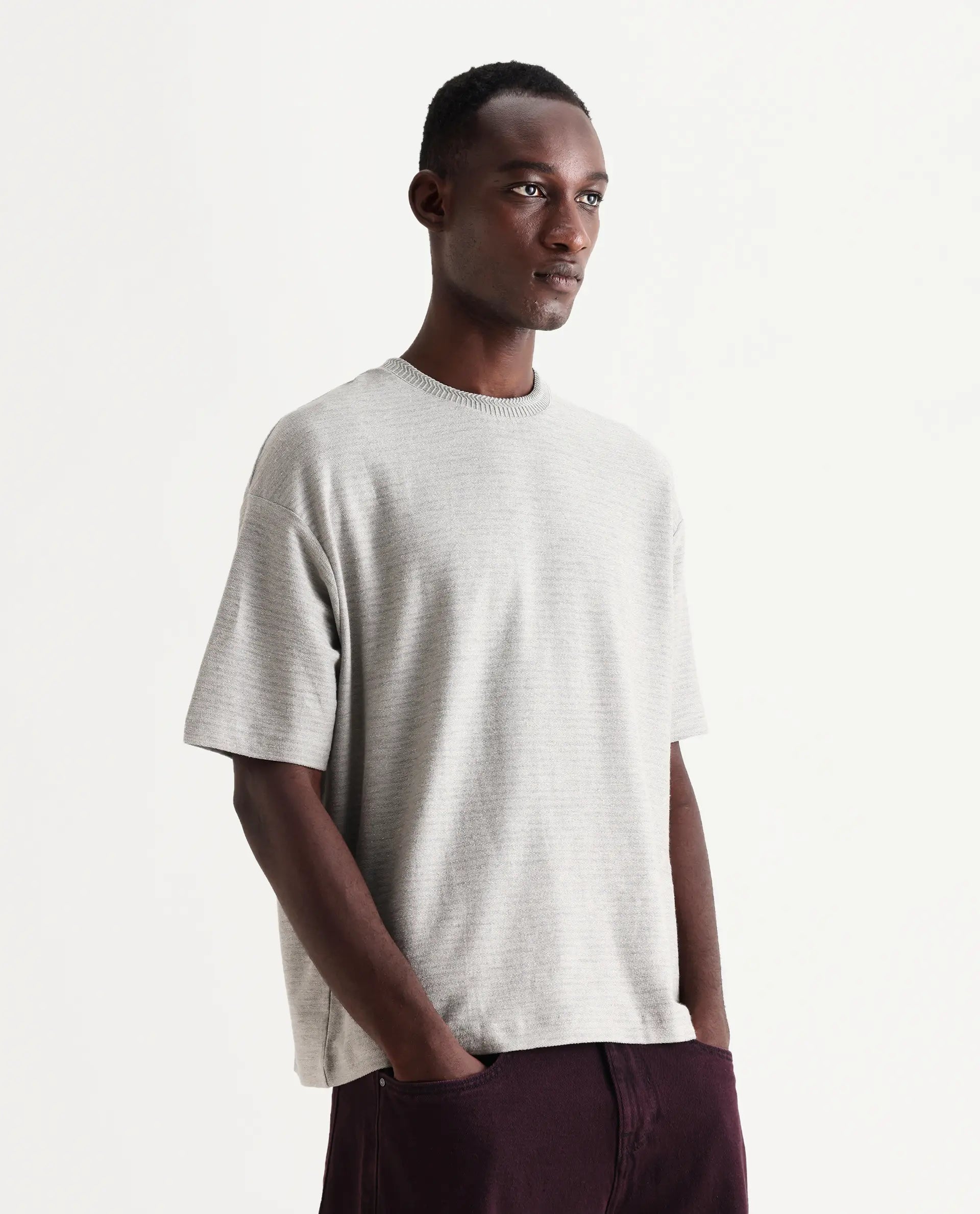 Rare Rabbit Men's Pasco Melange Grey Cotton Striped Print Oversized Fit Half Sleeve Crew Neck T-Shirt