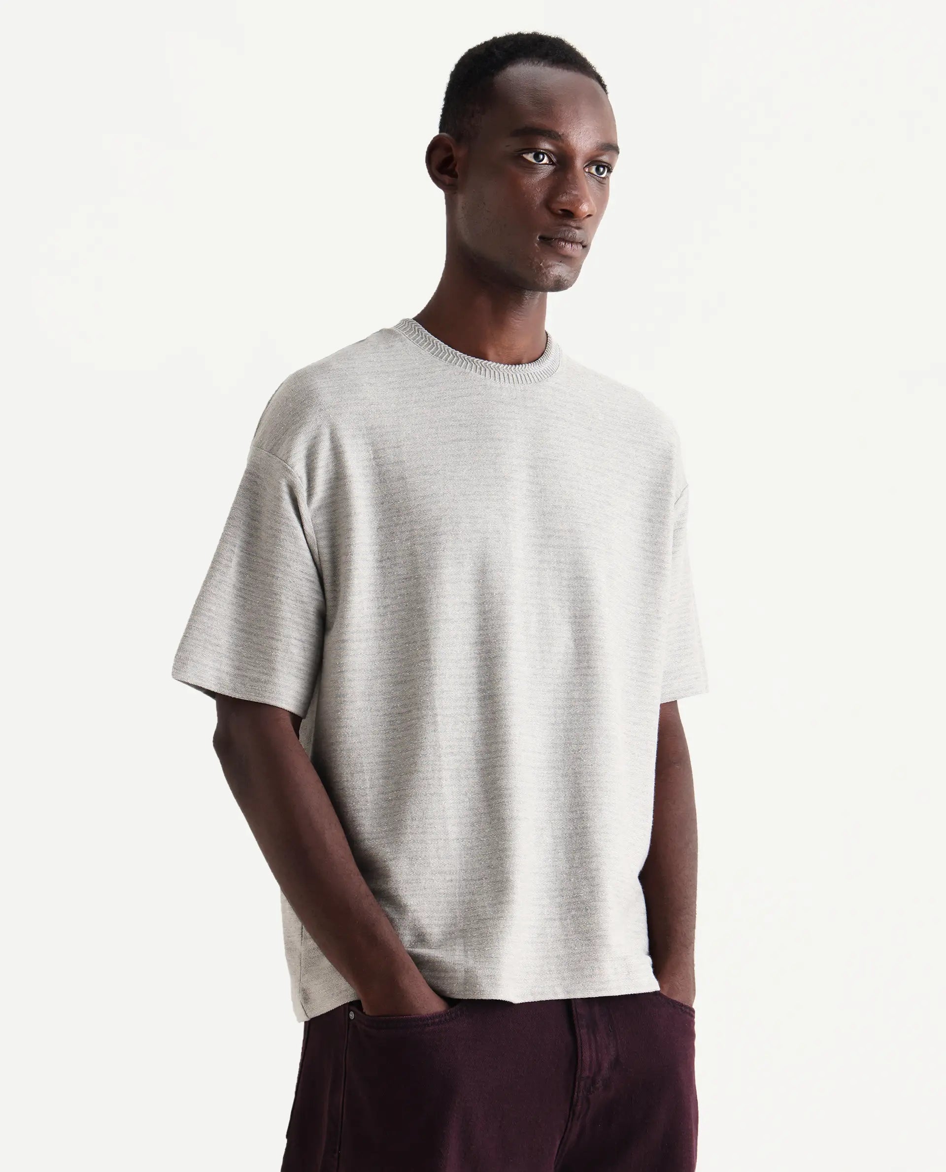 Rare Rabbit Men's Pasco Melange Grey Cotton Striped Print Oversized Fit Half Sleeve Crew Neck T-Shirt