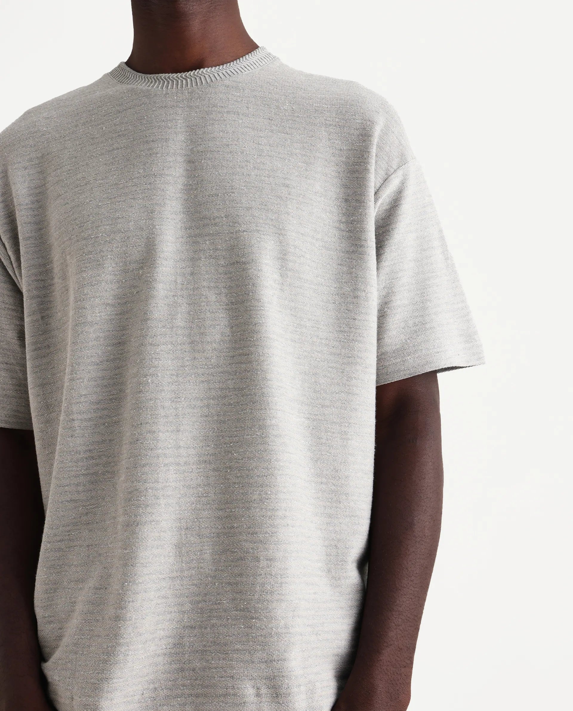 Rare Rabbit Men's Pasco Melange Grey Cotton Striped Print Oversized Fit Half Sleeve Crew Neck T-Shirt