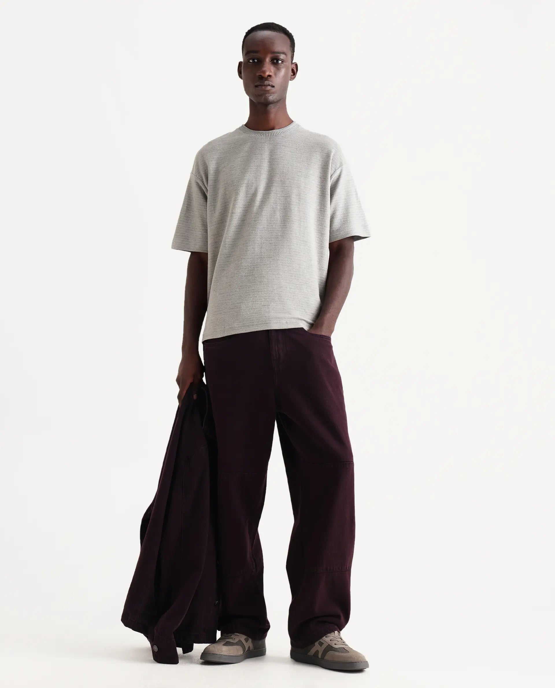 Rare Rabbit Men's Pasco Melange Grey Cotton Striped Print Oversized Fit Half Sleeve Crew Neck T-Shirt