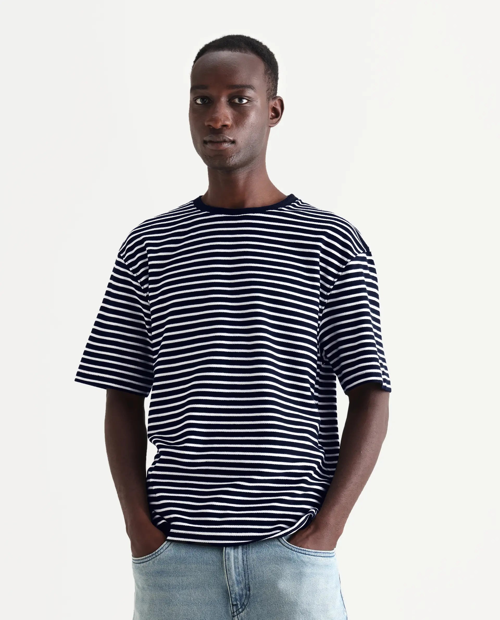 Rare Rabbit Articale Men's Paskot-1 Navy Cotton Fabric Short Sleeve Crew Neck Oversized Fit Narrow Stripes T-Shirt