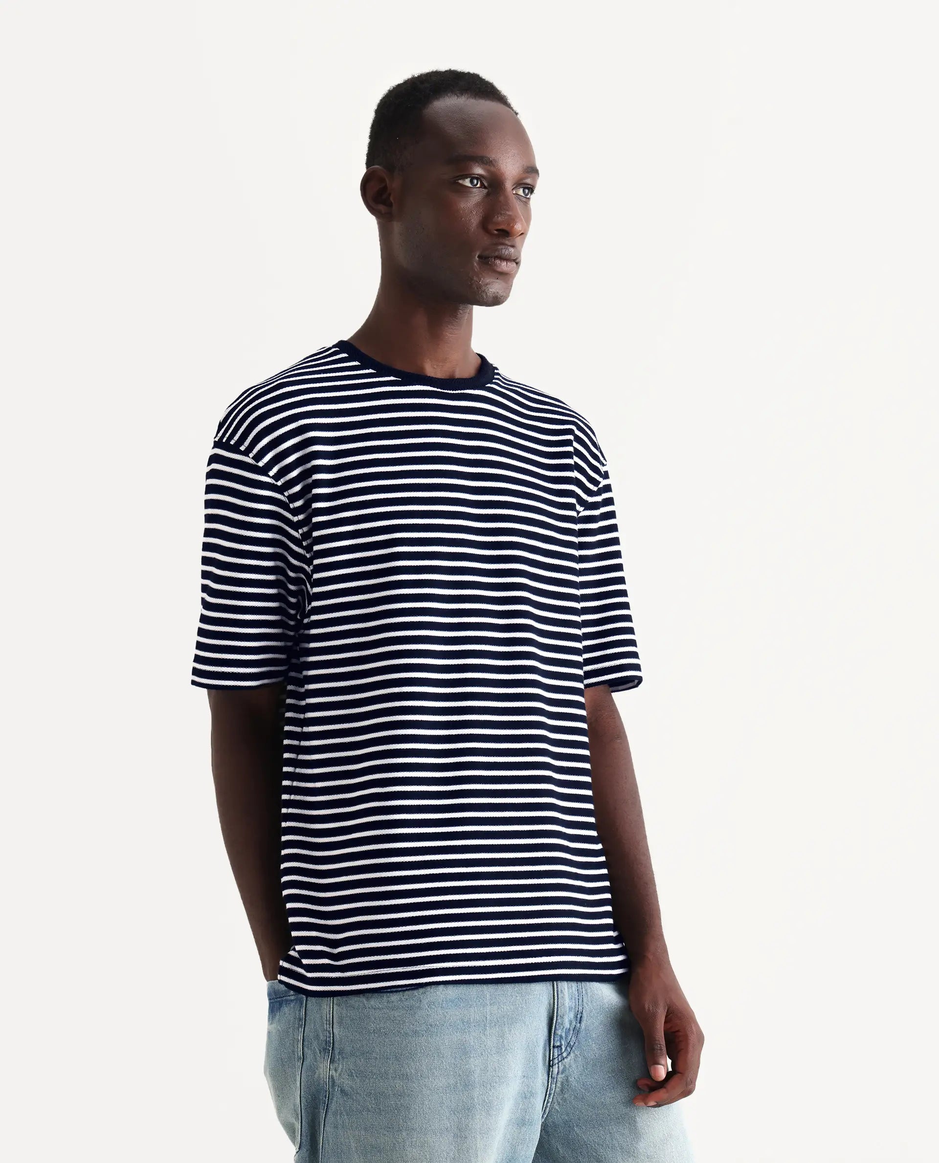 Rare Rabbit Articale Men's Paskot-1 Navy Cotton Fabric Short Sleeve Crew Neck Oversized Fit Narrow Stripes T-Shirt