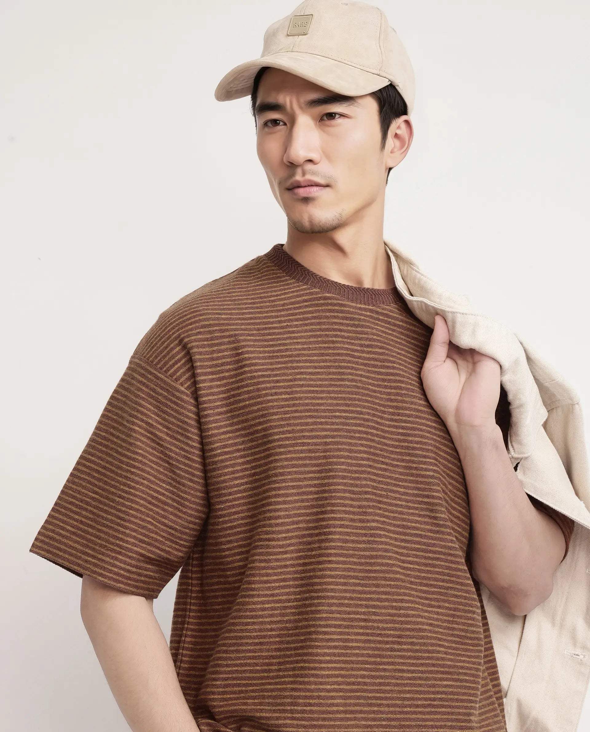 Rare Rabbit Men's Pasco Melange Rust Cotton Striped Print Oversized Fit Half Sleeve Crew Neck T-Shirt