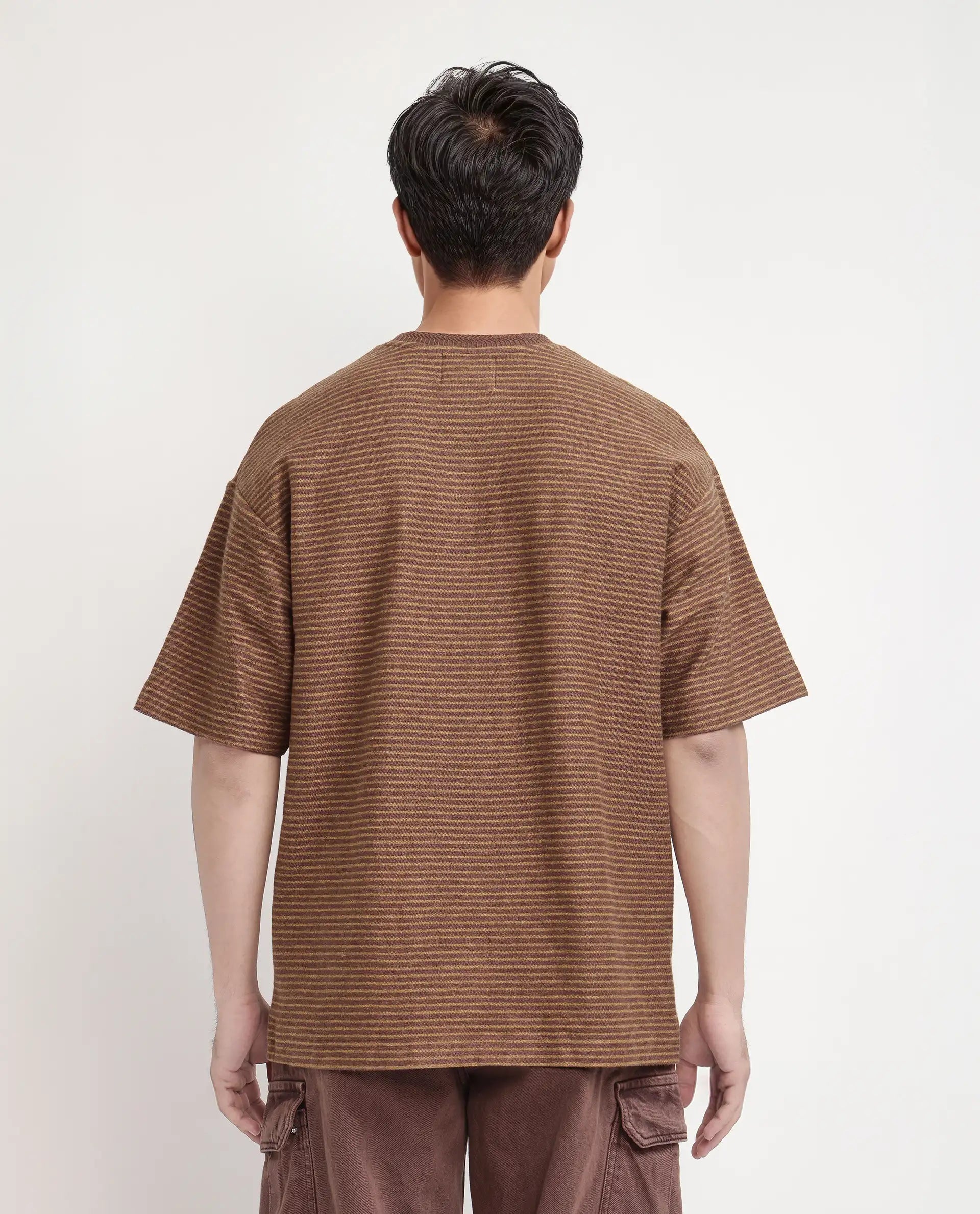 Rare Rabbit Men's Pasco Melange Rust Cotton Striped Print Oversized Fit Half Sleeve Crew Neck T-Shirt