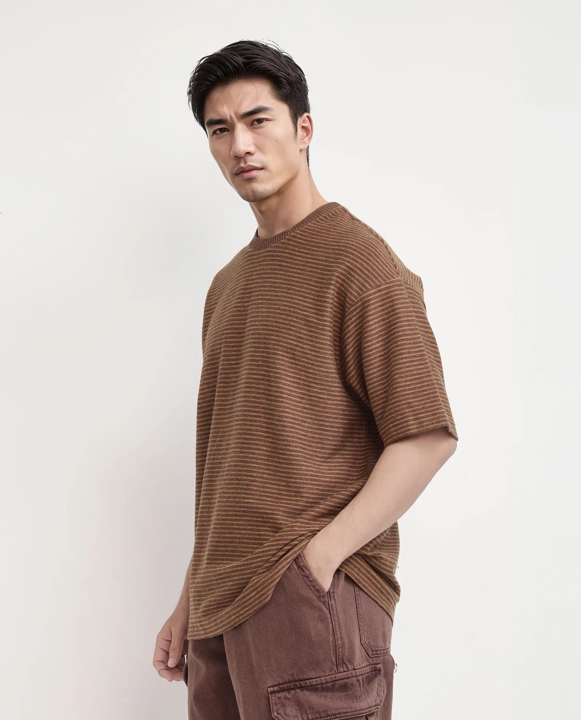 Rare Rabbit Men's Pasco Melange Rust Cotton Striped Print Oversized Fit Half Sleeve Crew Neck T-Shirt