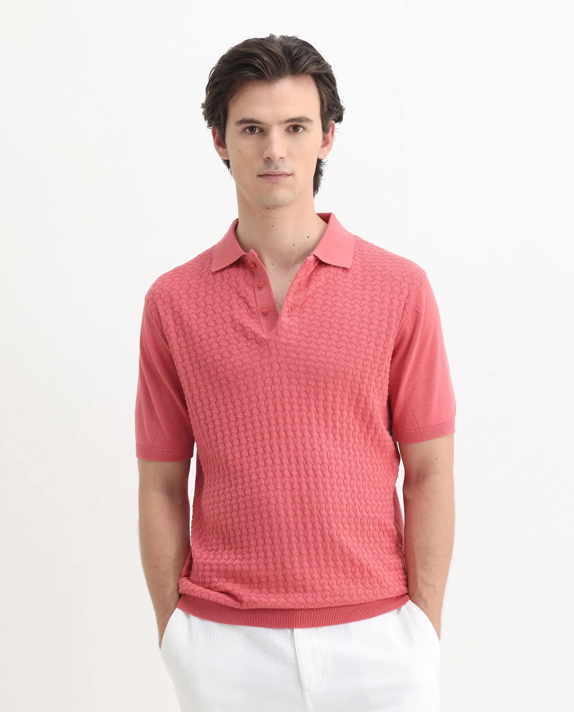 Rare Rabbit Men's Pasto Dark Peach Cotton Plain Regular Fit Half Sleeve Polo