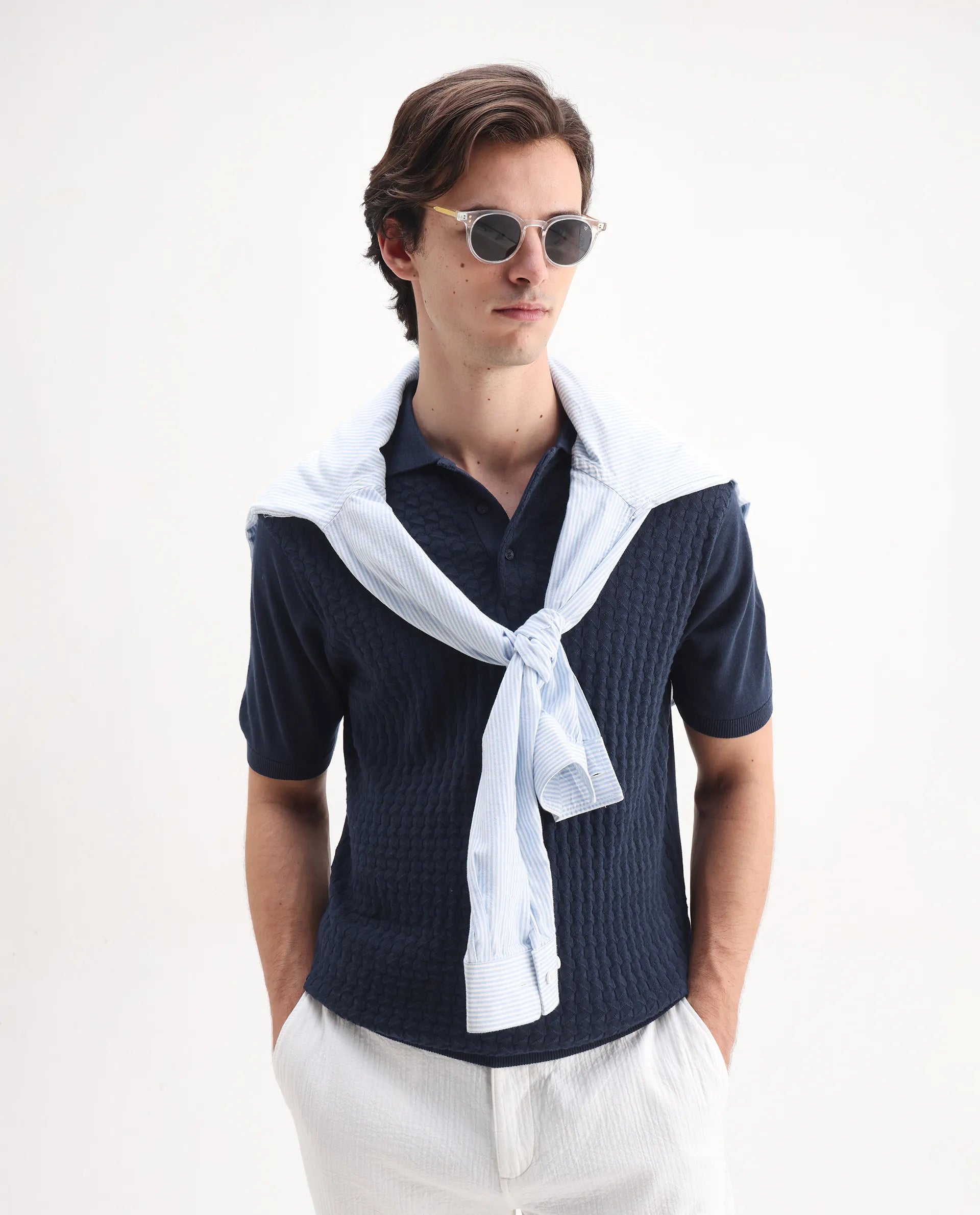 Rare Rabbit Men's Pasto Navy Cotton Textured Regular Fit Half Sleeve Polo