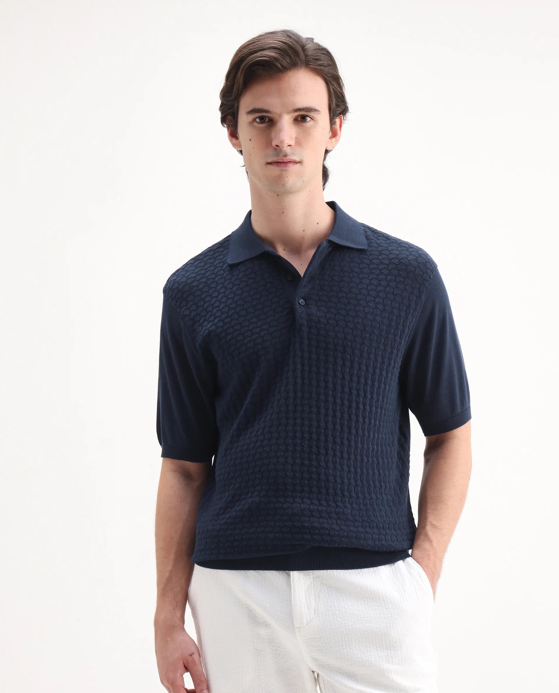Rare Rabbit Men's Pasto Navy Cotton Textured Regular Fit Half Sleeve Polo