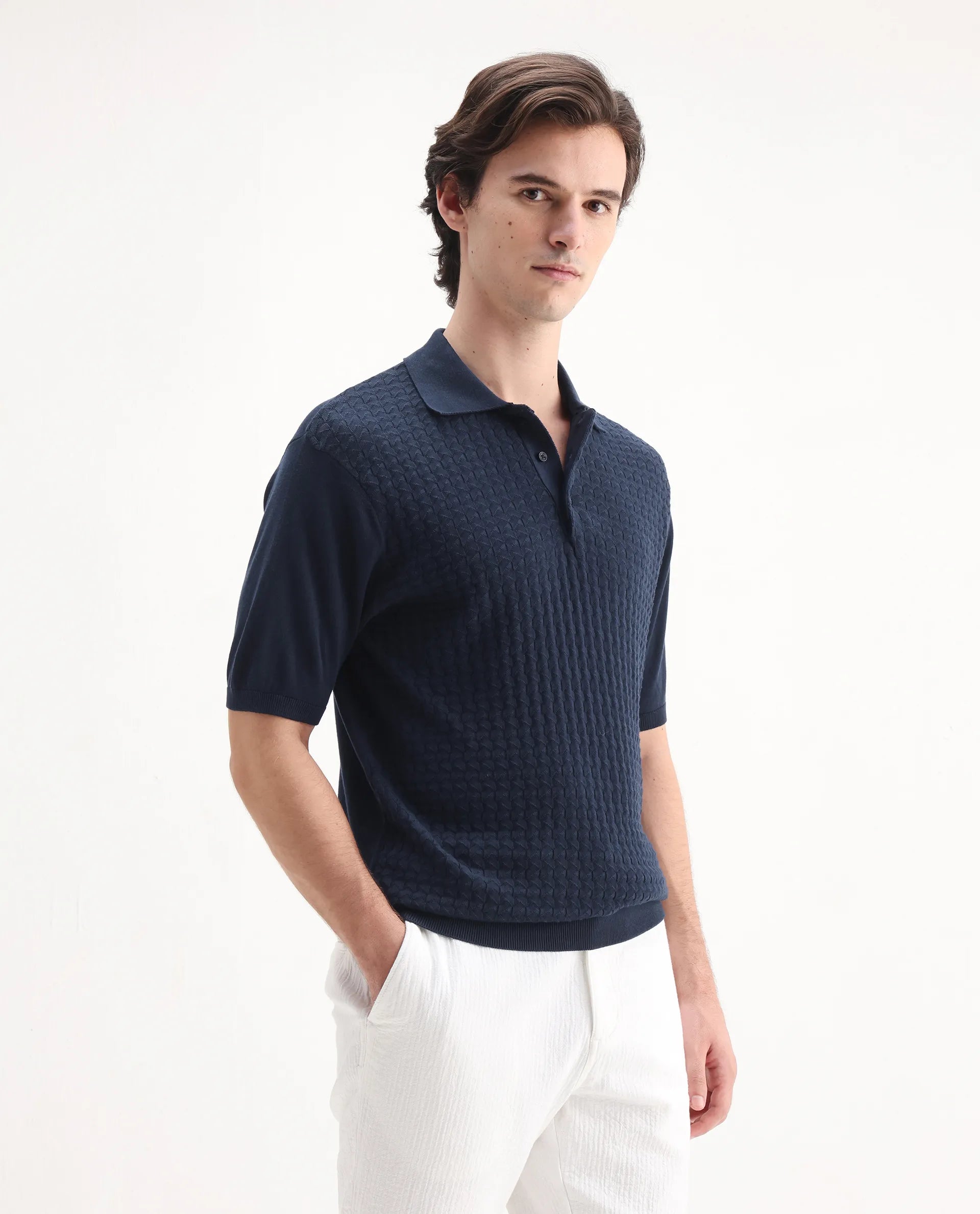 Rare Rabbit Men's Pasto Navy Cotton Textured Regular Fit Half Sleeve Polo