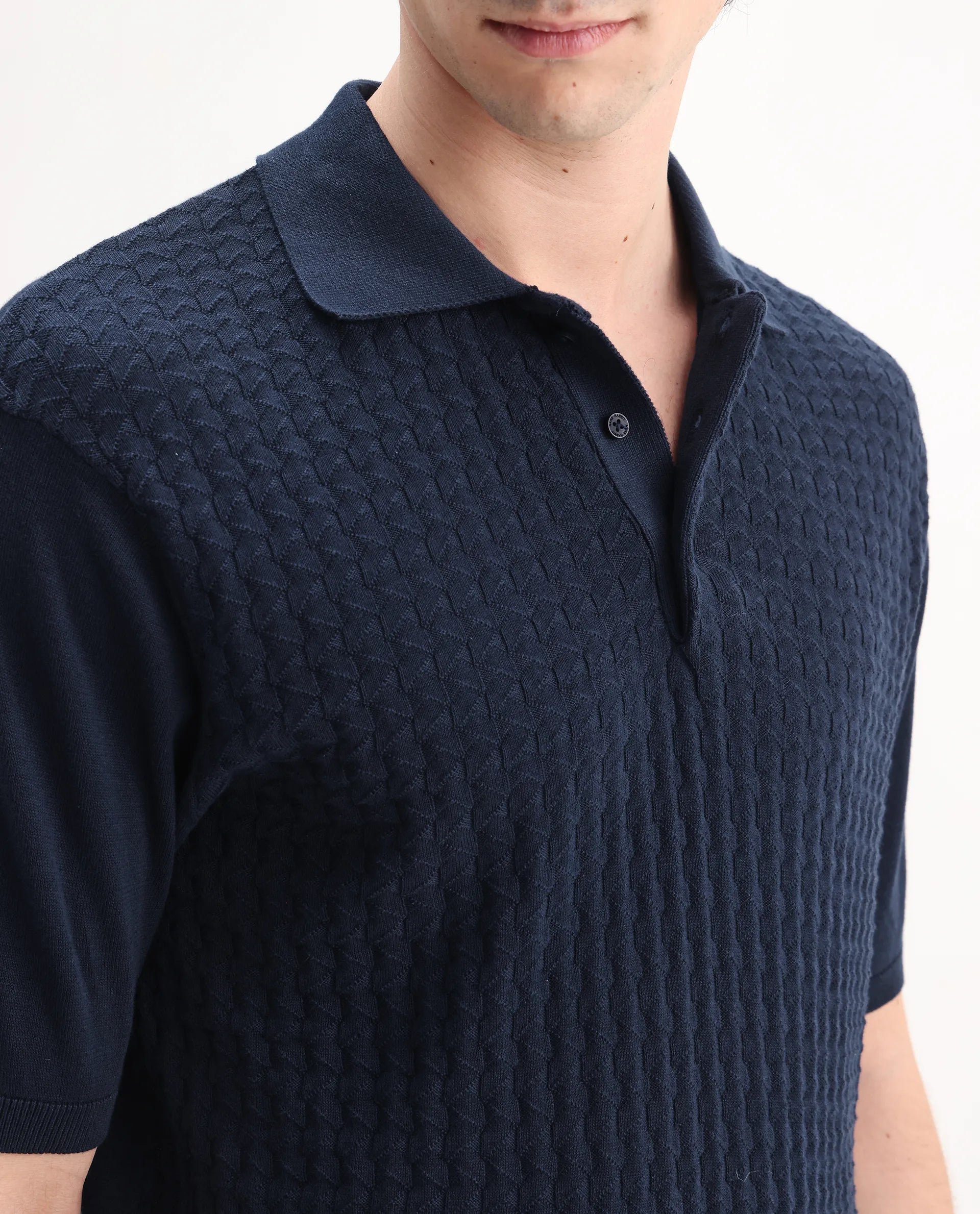 Rare Rabbit Men's Pasto Navy Cotton Textured Regular Fit Half Sleeve Polo
