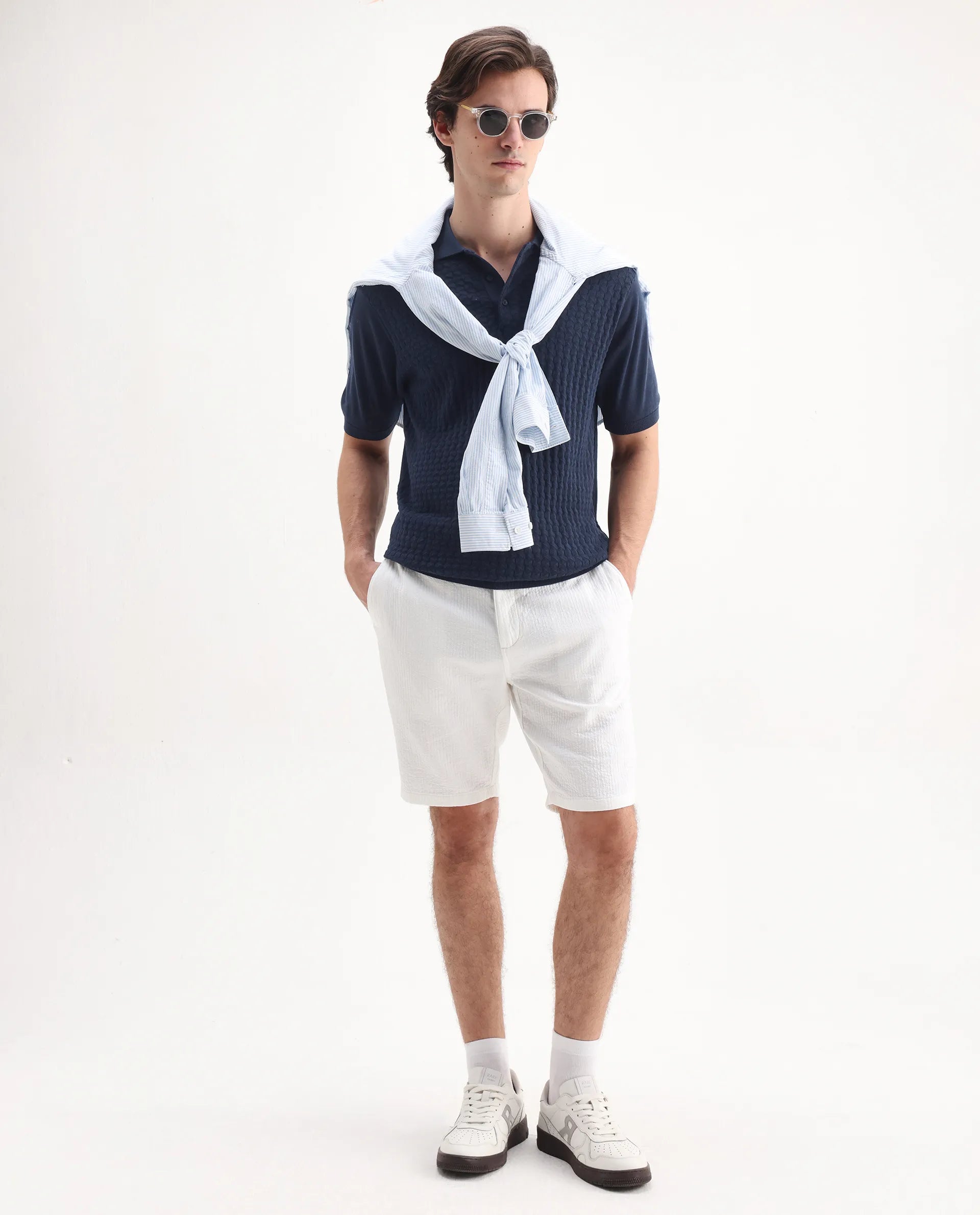 Rare Rabbit Men's Pasto Navy Cotton Textured Regular Fit Half Sleeve Polo