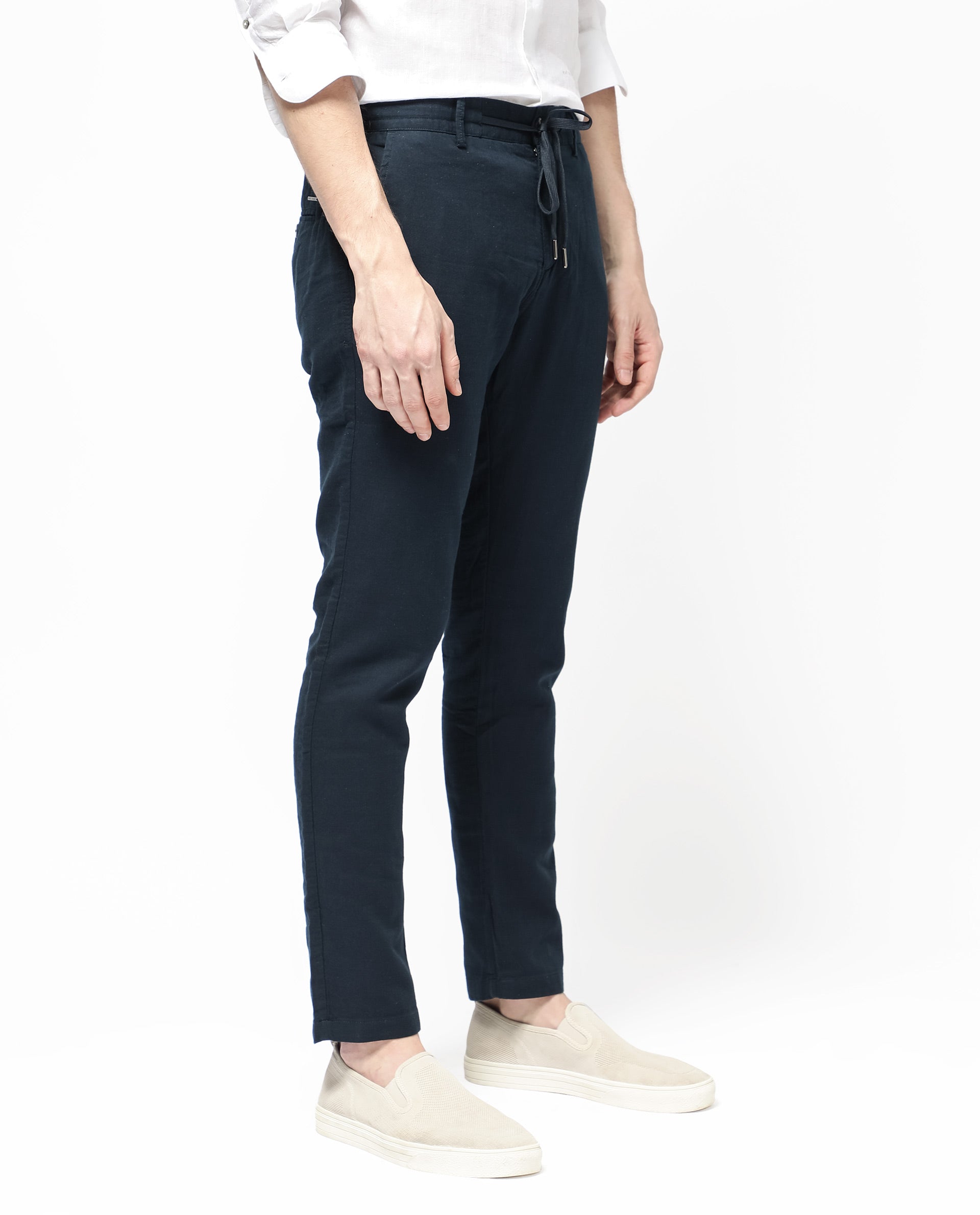Rare Rabbit Men's Pastor-2 Navy Solid Mid-Rise With Drawstring And Elastic Waistband Regular Fit Trousers