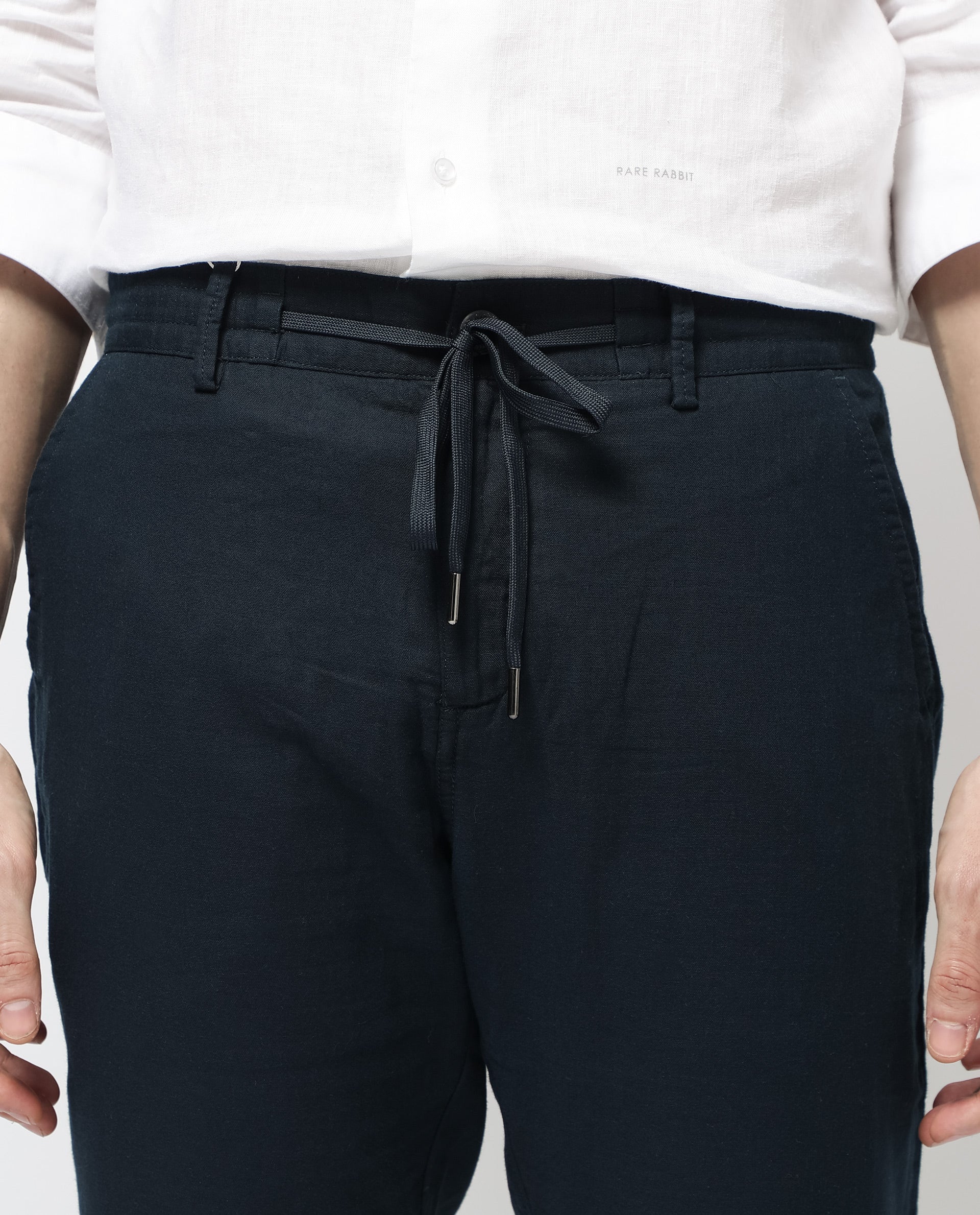 Rare Rabbit Men's Pastor-2 Navy Solid Mid-Rise With Drawstring And Elastic Waistband Regular Fit Trousers