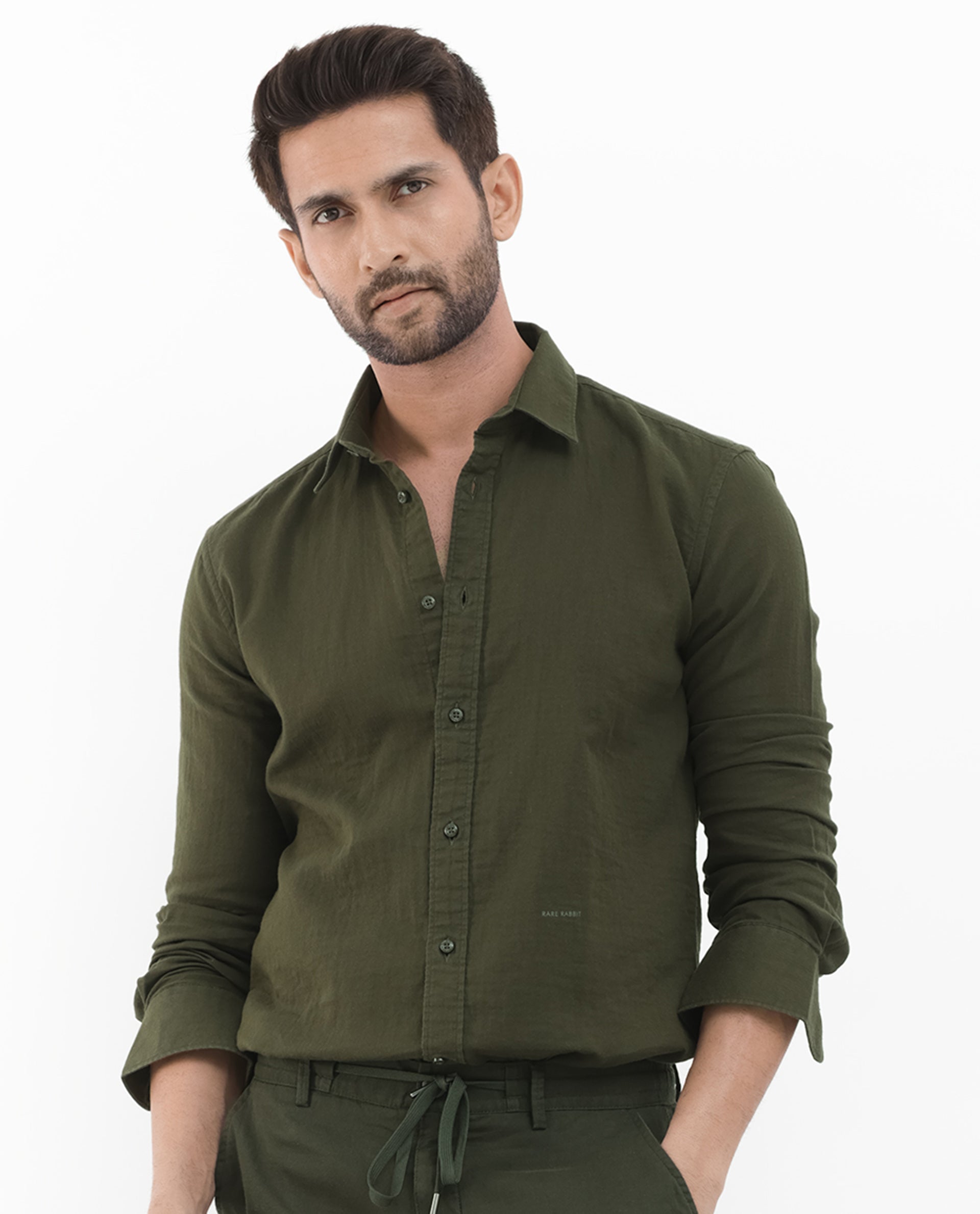Rare Rabbit Mens Layerr Olive Cotton Fabric Full Sleeves Solid Shirt