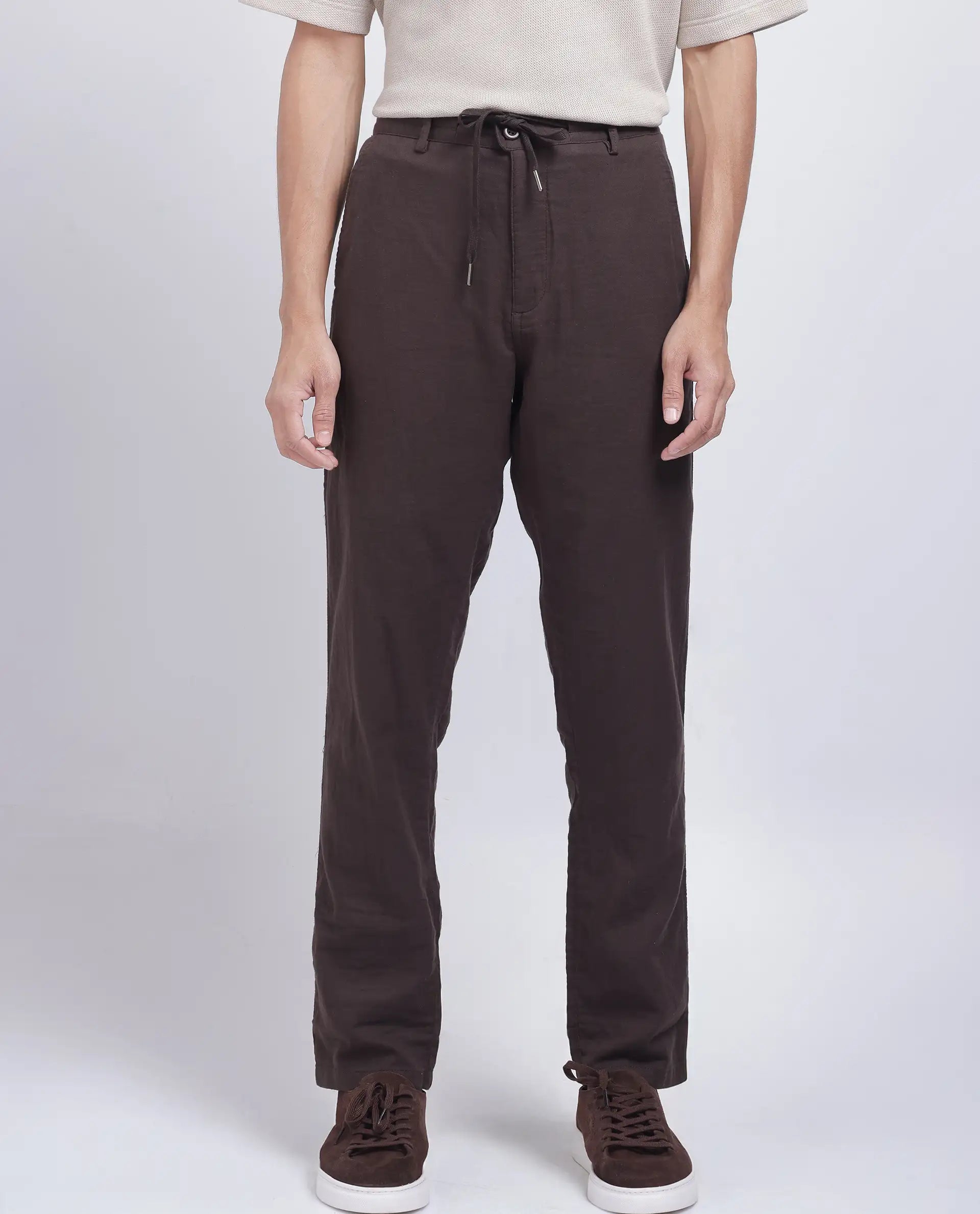 Rare Rabbit Men Pastor-25 Brown Cotton Elastane Fabric Drawstring Closure Plain Trouser