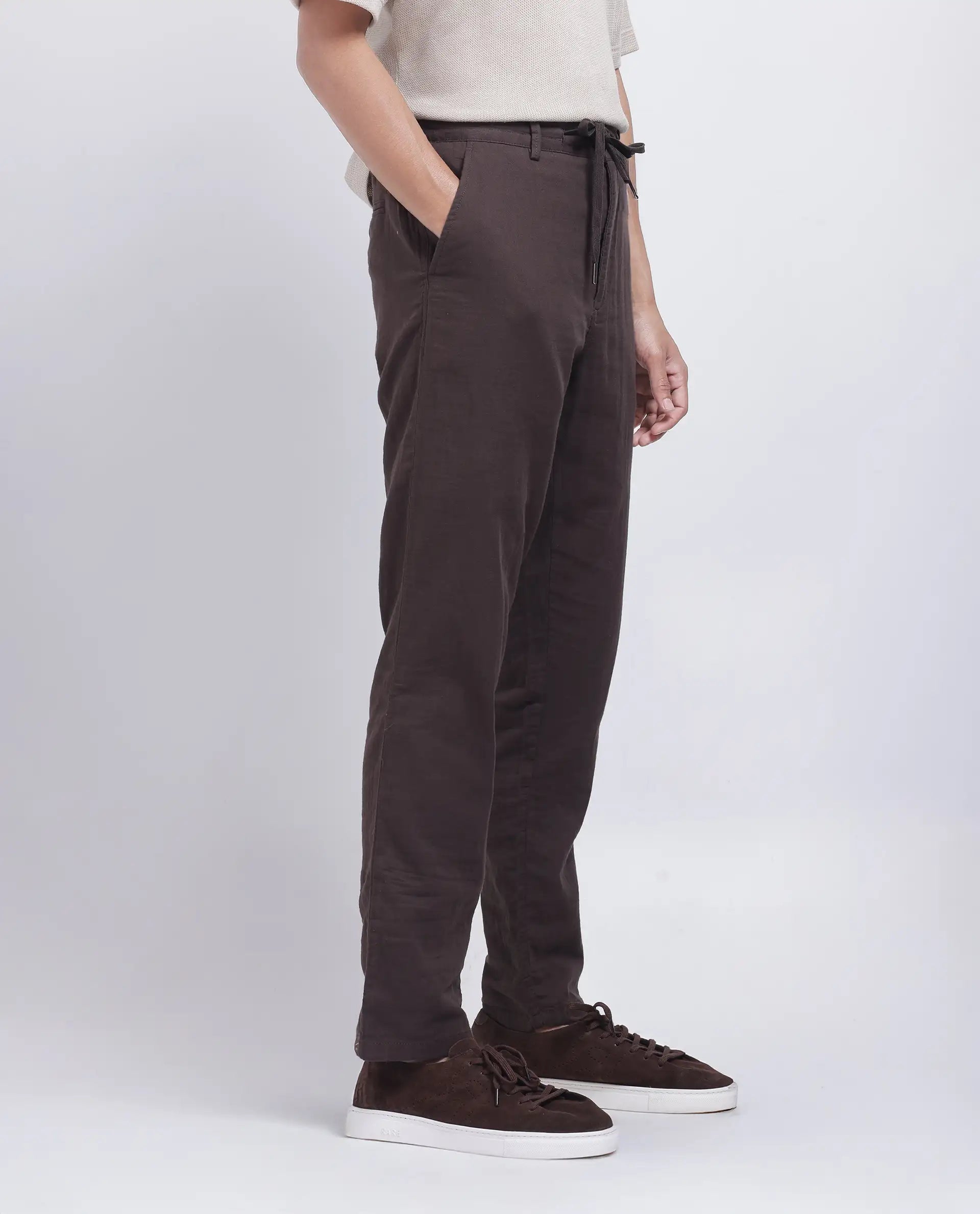 Rare Rabbit Men Pastor-25 Brown Cotton Elastane Fabric Drawstring Closure Plain Trouser