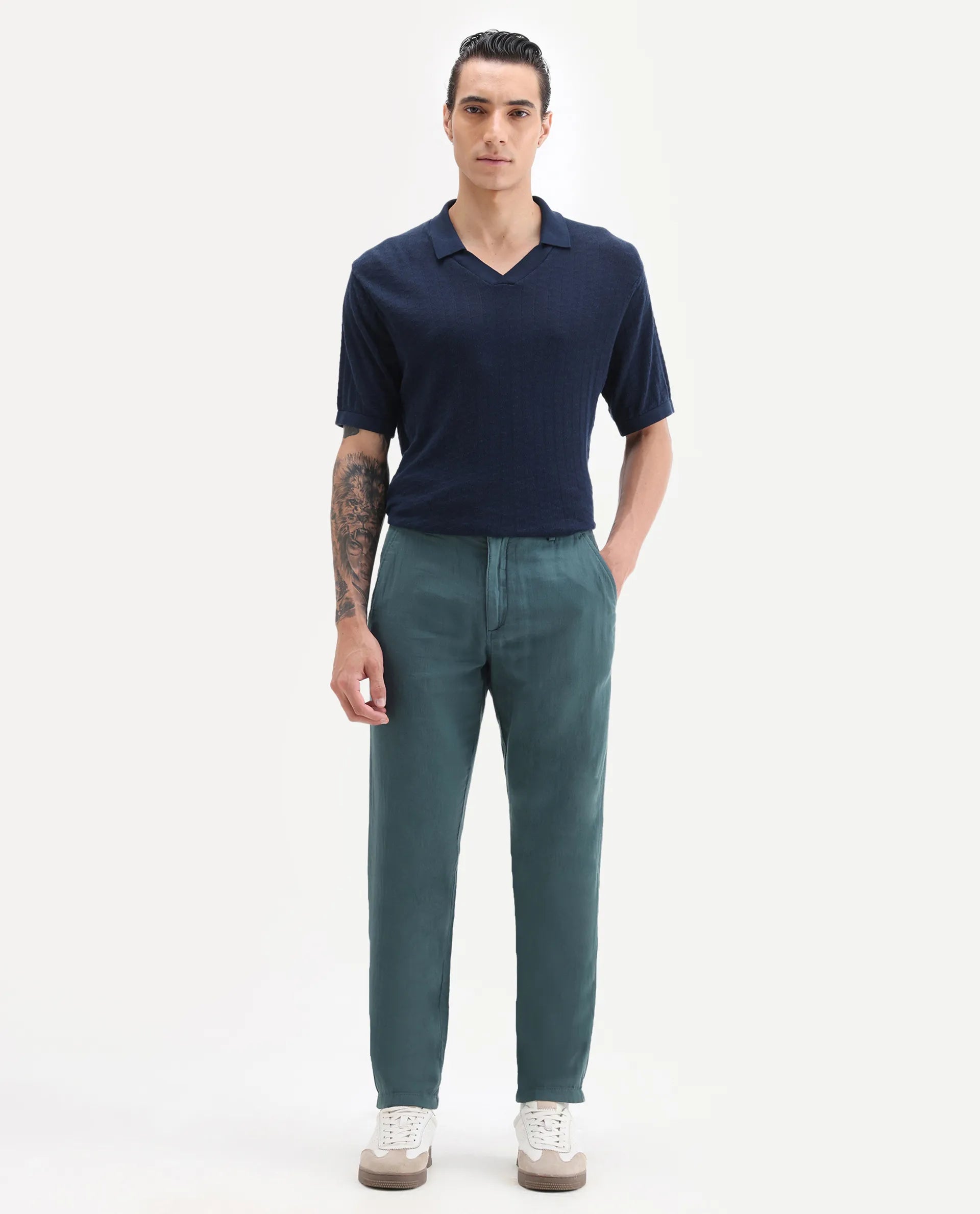 Rare Rabbit Men's Pastor 25 Teal Cotton Plain Regular Fit Trouser
