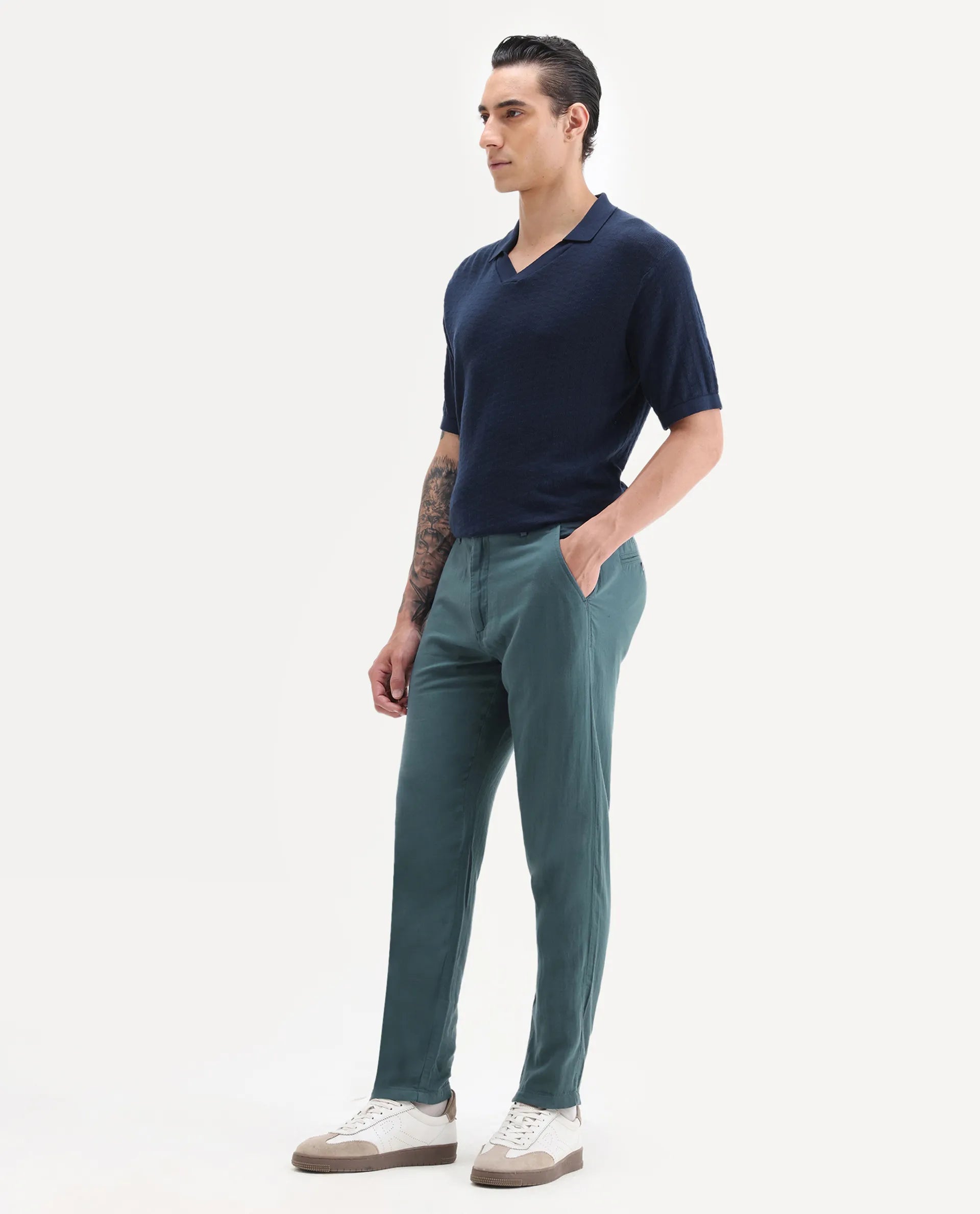 Rare Rabbit Men's Pastor 25 Teal Cotton Plain Regular Fit Trouser