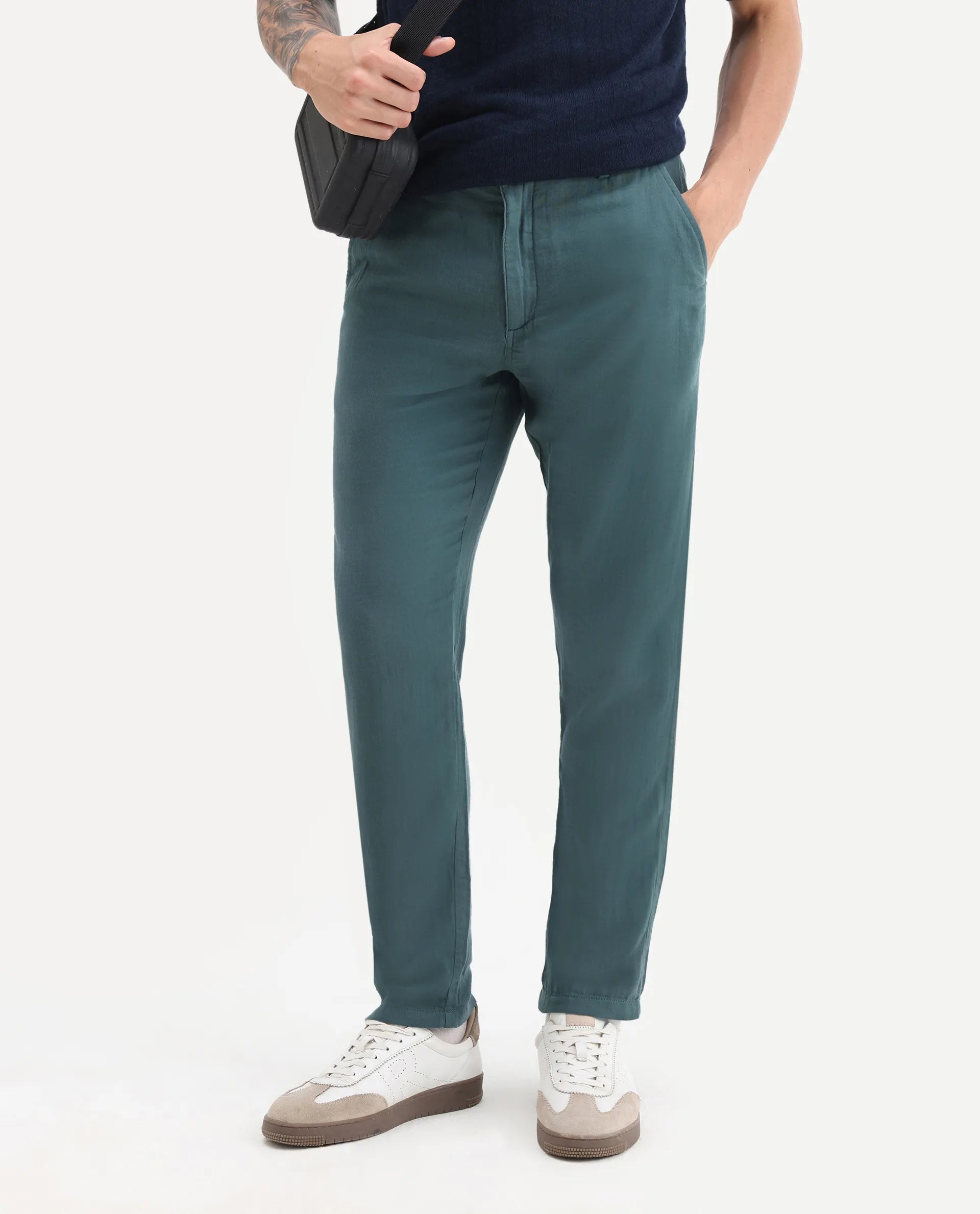 Rare Rabbit Men's Pastor 25 Teal Cotton Plain Regular Fit Trouser