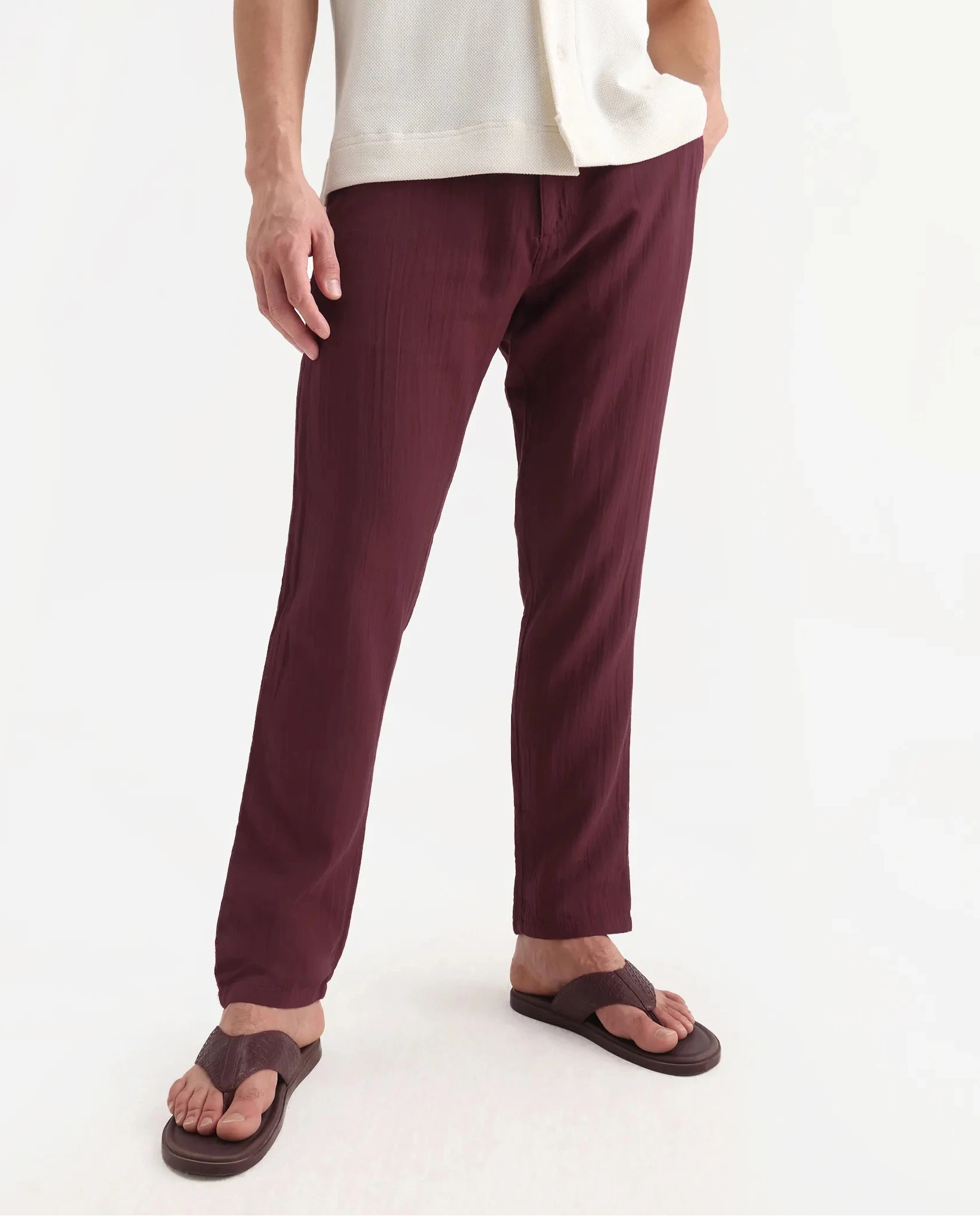 Rare Rabbit Men's Pastor-3 Dark Maroon Cotton Plain Regular Fit Trouser