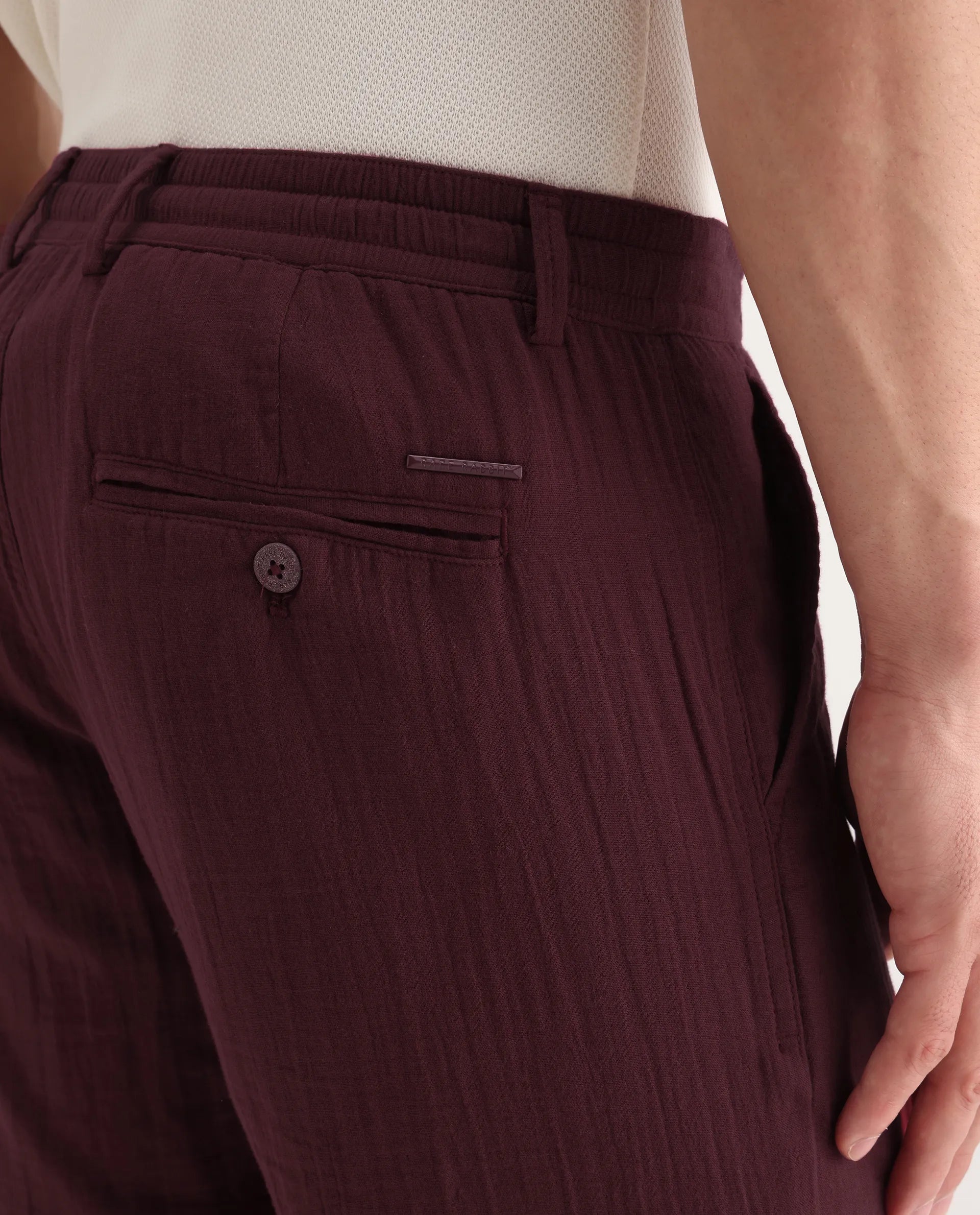 Rare Rabbit Men's Pastor-3 Dark Maroon Cotton Plain Regular Fit Trouser