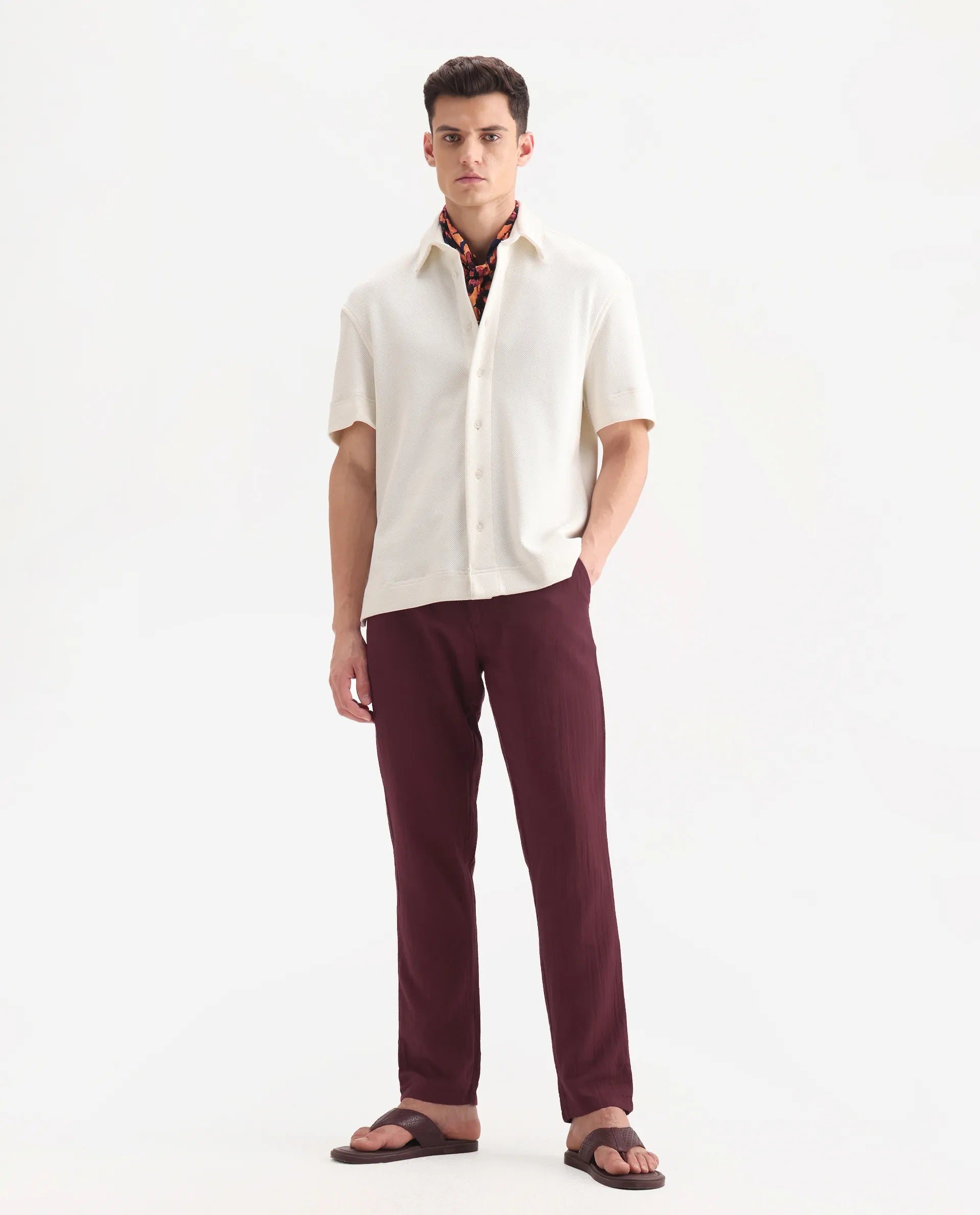 Rare Rabbit Men's Pastor-3 Dark Maroon Cotton Plain Regular Fit Trouser