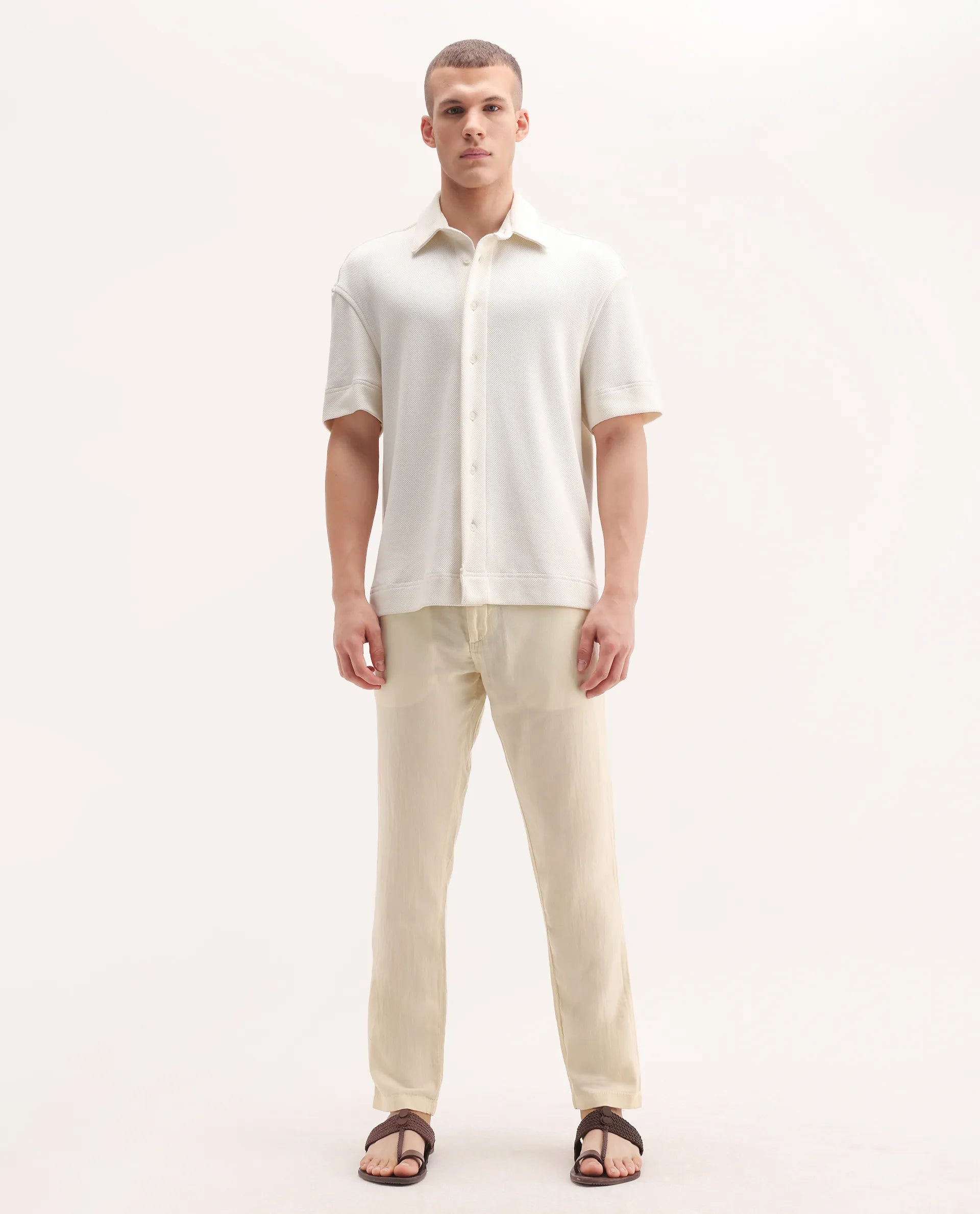 Rare Rabbit Men's Pastor-3 Off White Cotton Plain Regular Fit Trouser