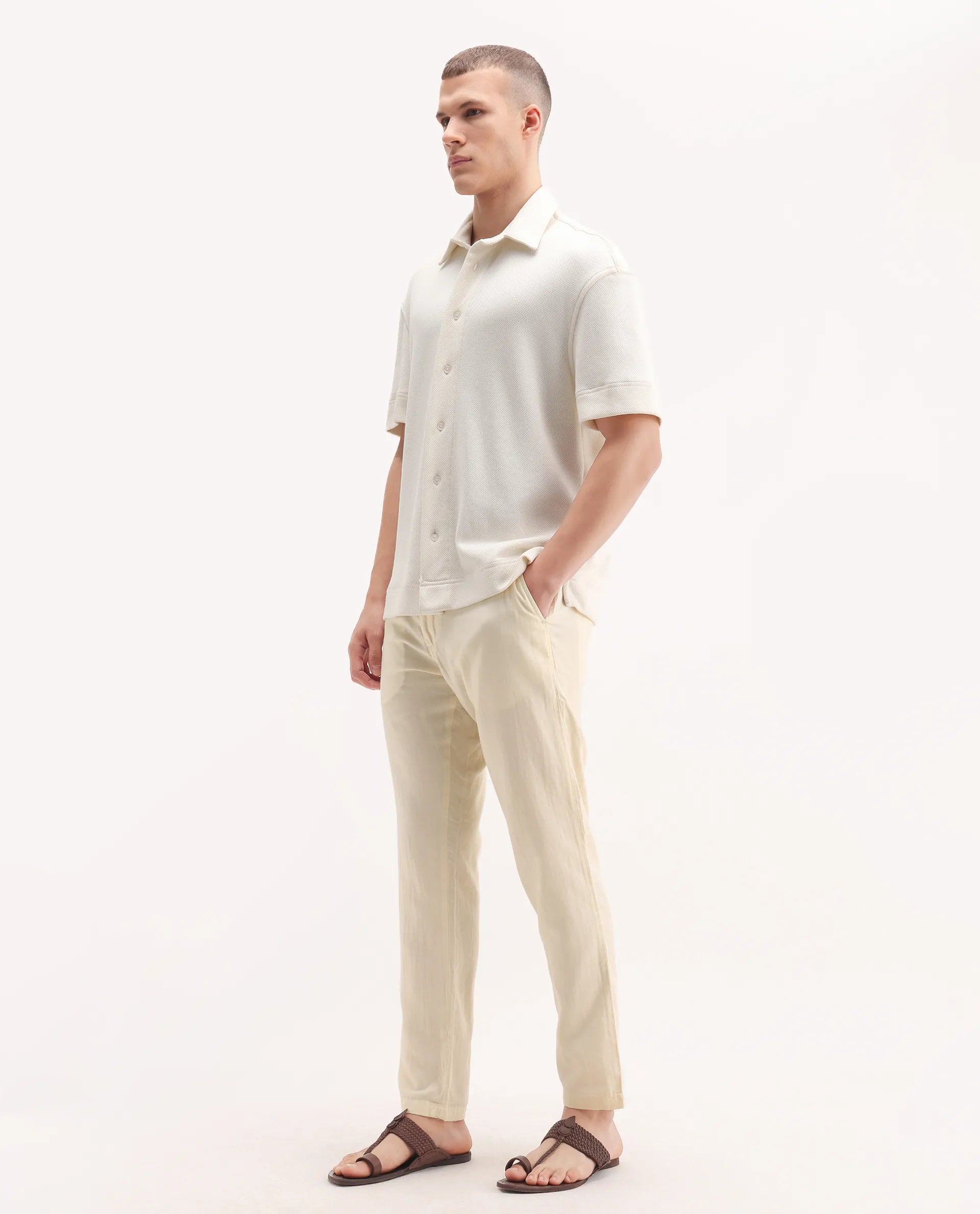 Rare Rabbit Men's Pastor-3 Off White Cotton Plain Regular Fit Trouser