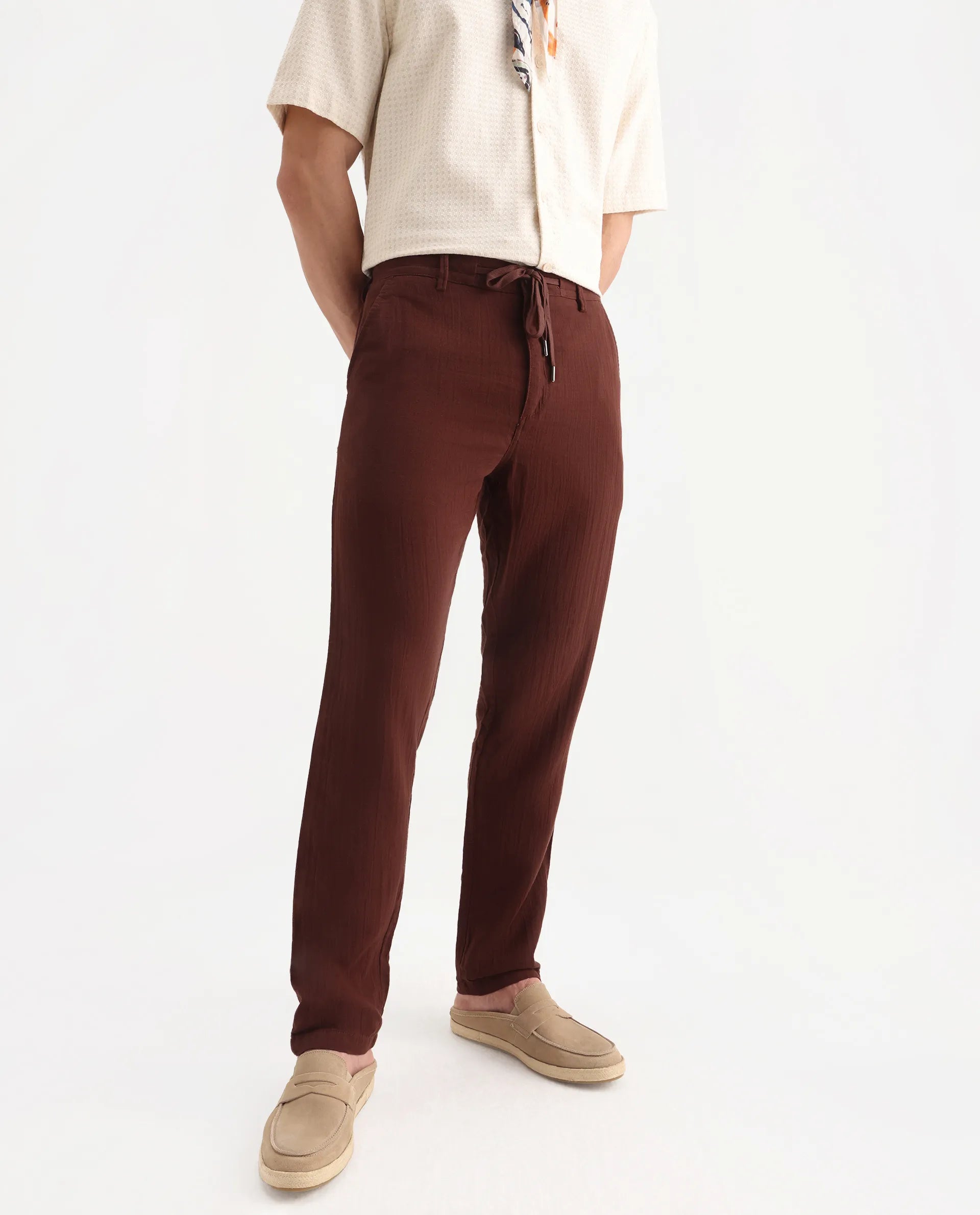 Rare Rabbit Men's Pastor-3 Rust Cotton Plain Regular Fit Trouser