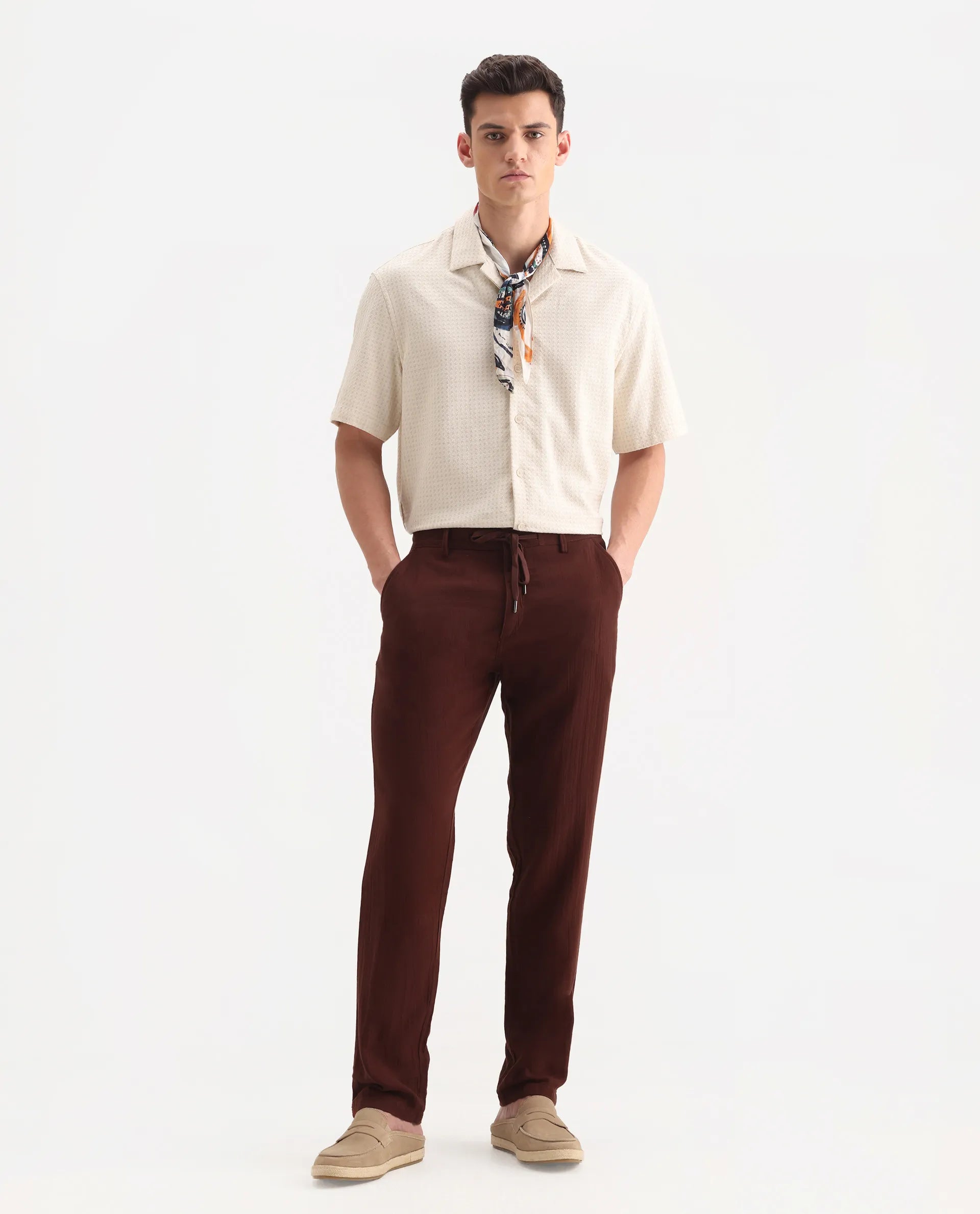 Rare Rabbit Men's Pastor-3 Rust Cotton Plain Regular Fit Trouser