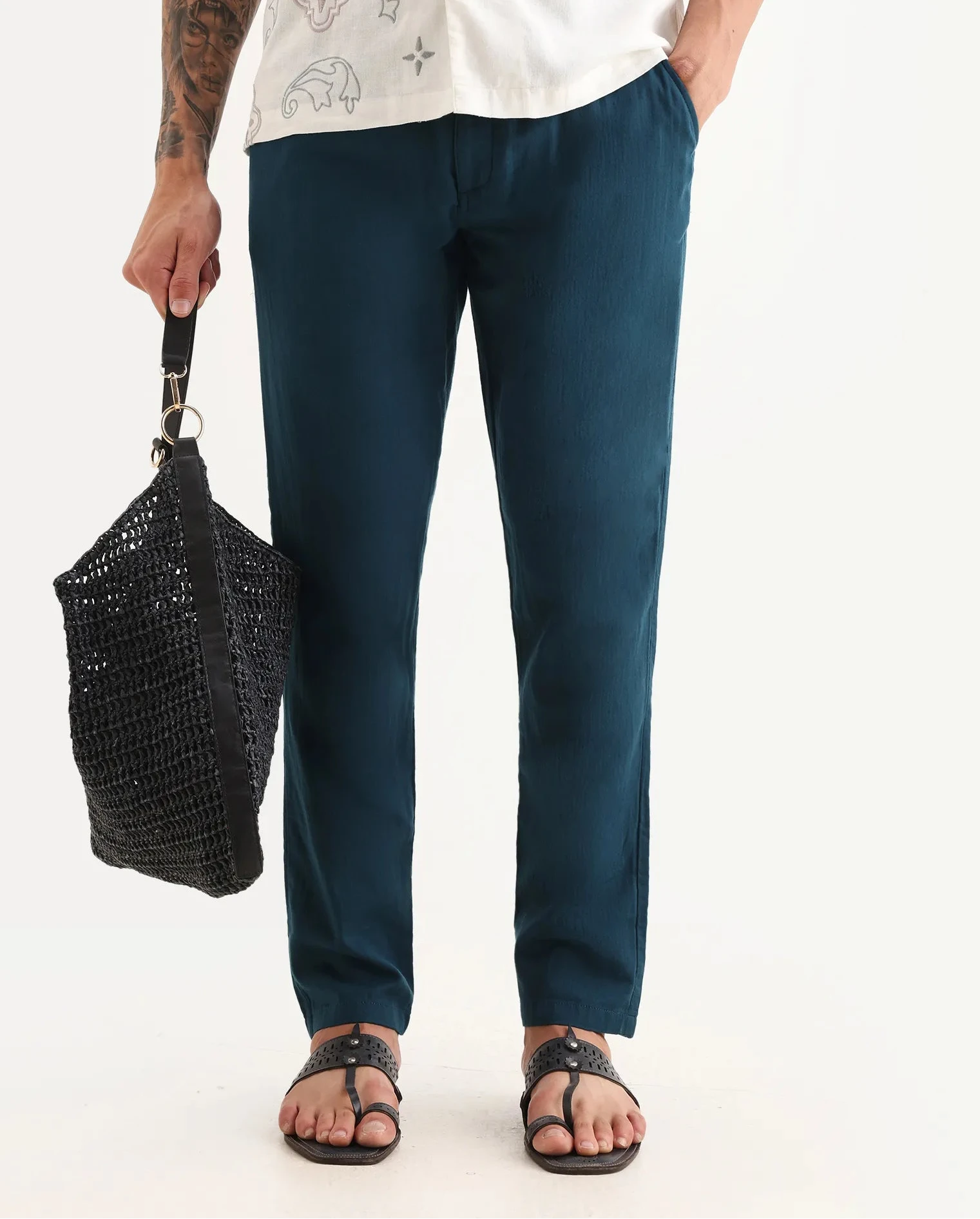 Rare Rabbit Men's Pastor-Aw25 Dark Teal Cotton Plain Regular Fit Trouser