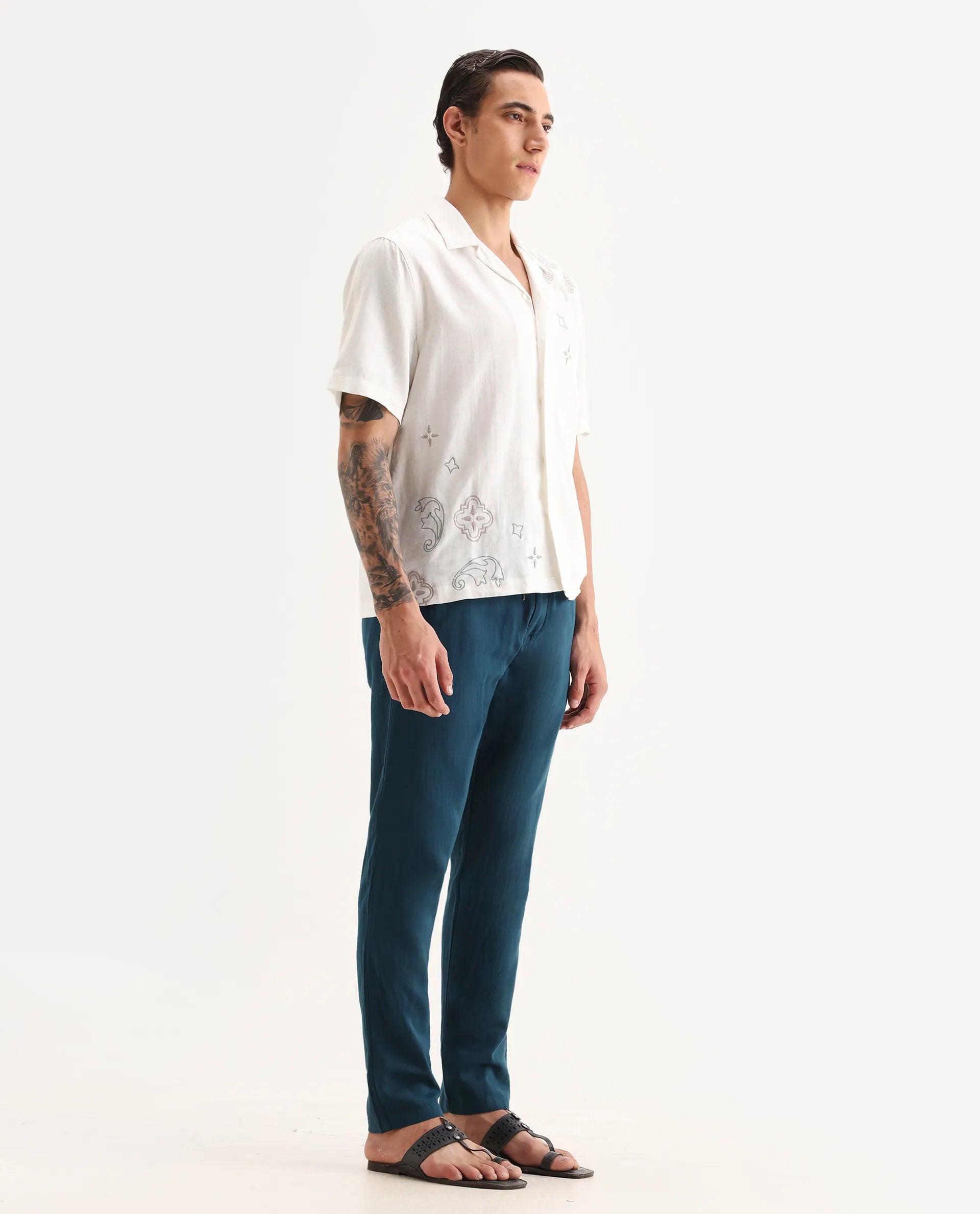 Rare Rabbit Men's Pastor-Aw25 Dark Teal Cotton Plain Regular Fit Trouser