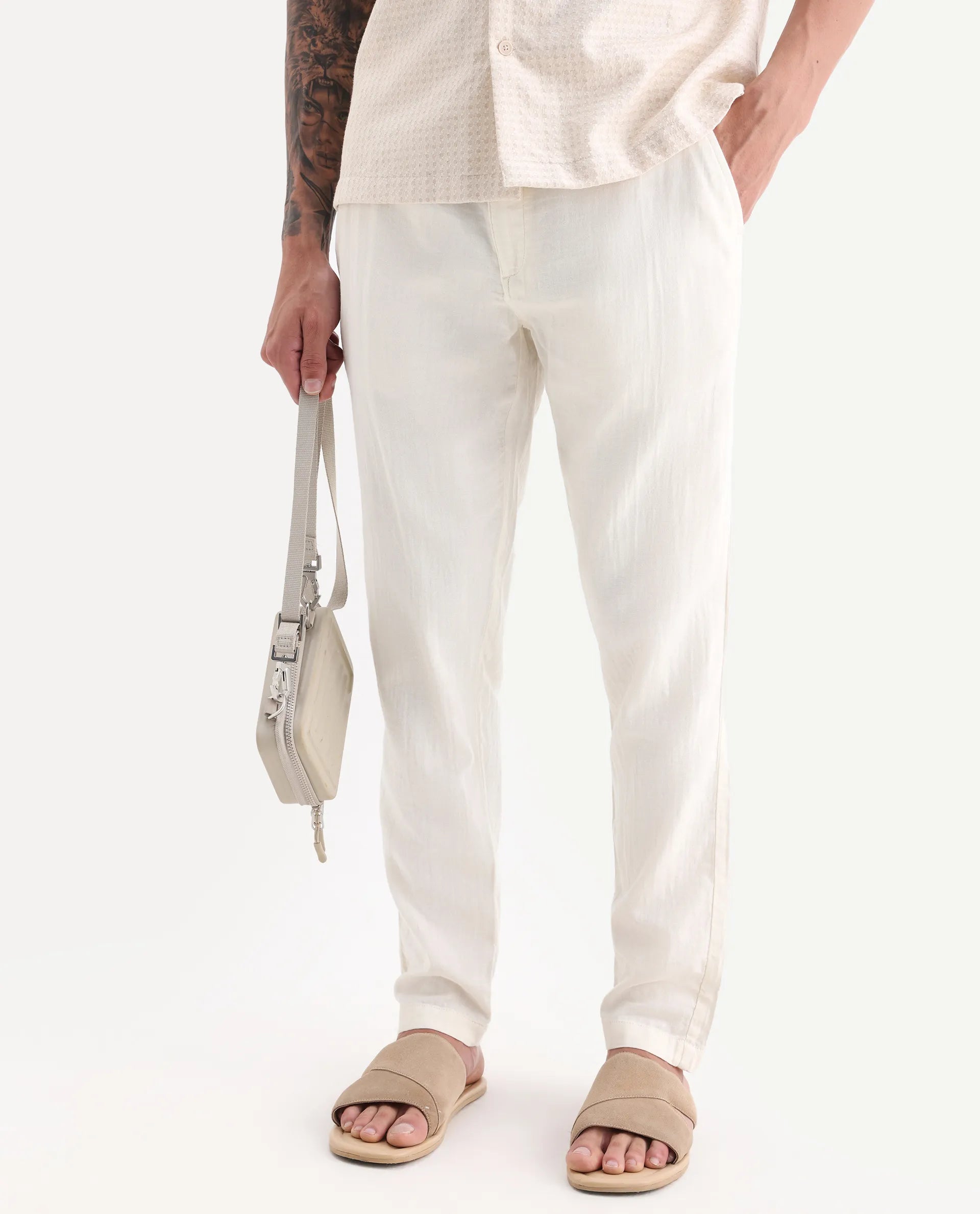 Rare Rabbit Men's Pastor-Aw25 Off White Cotton Plain Regular Fit Trouser