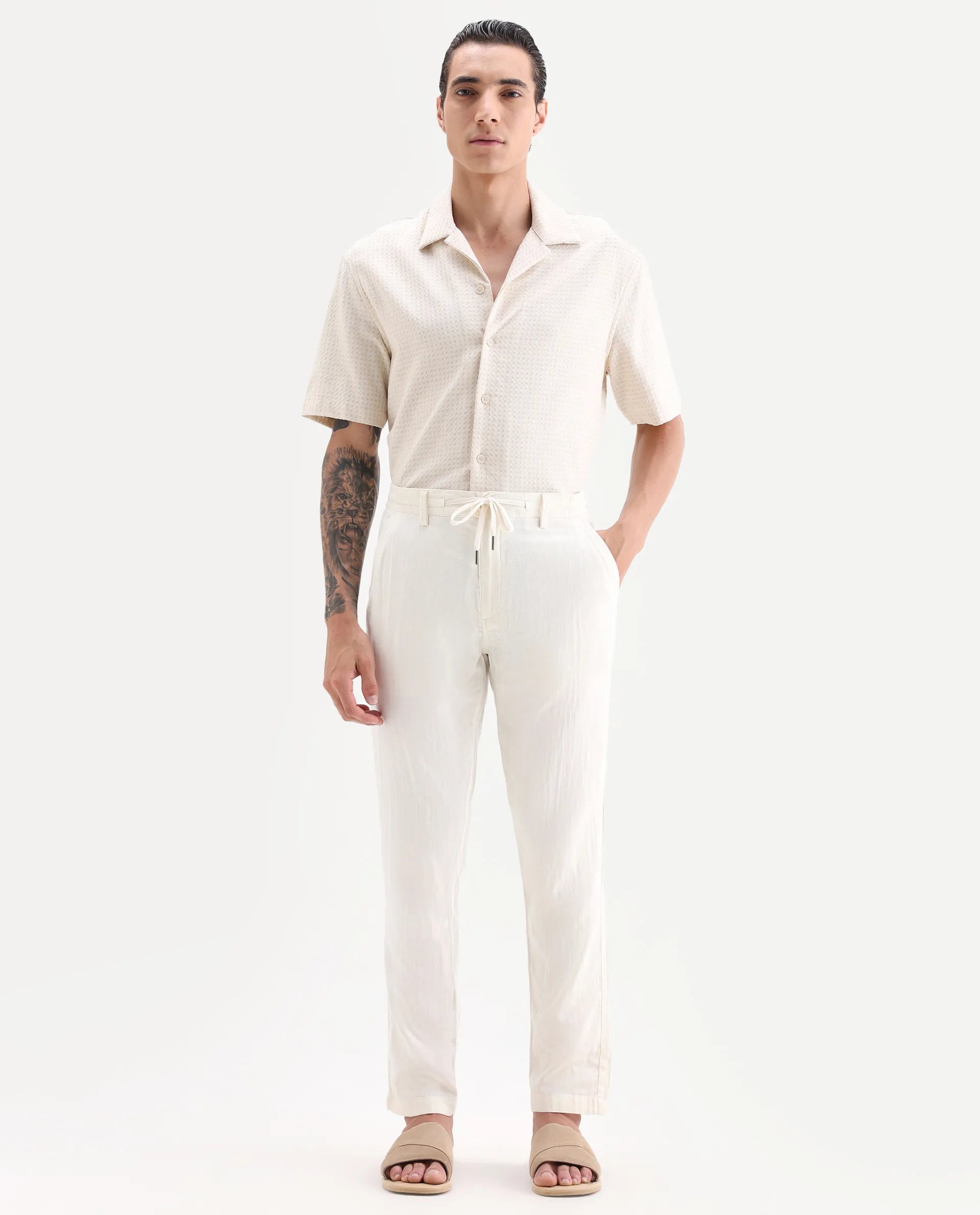 Rare Rabbit Men's Pastor-Aw25 Off White Cotton Plain Regular Fit Trouser