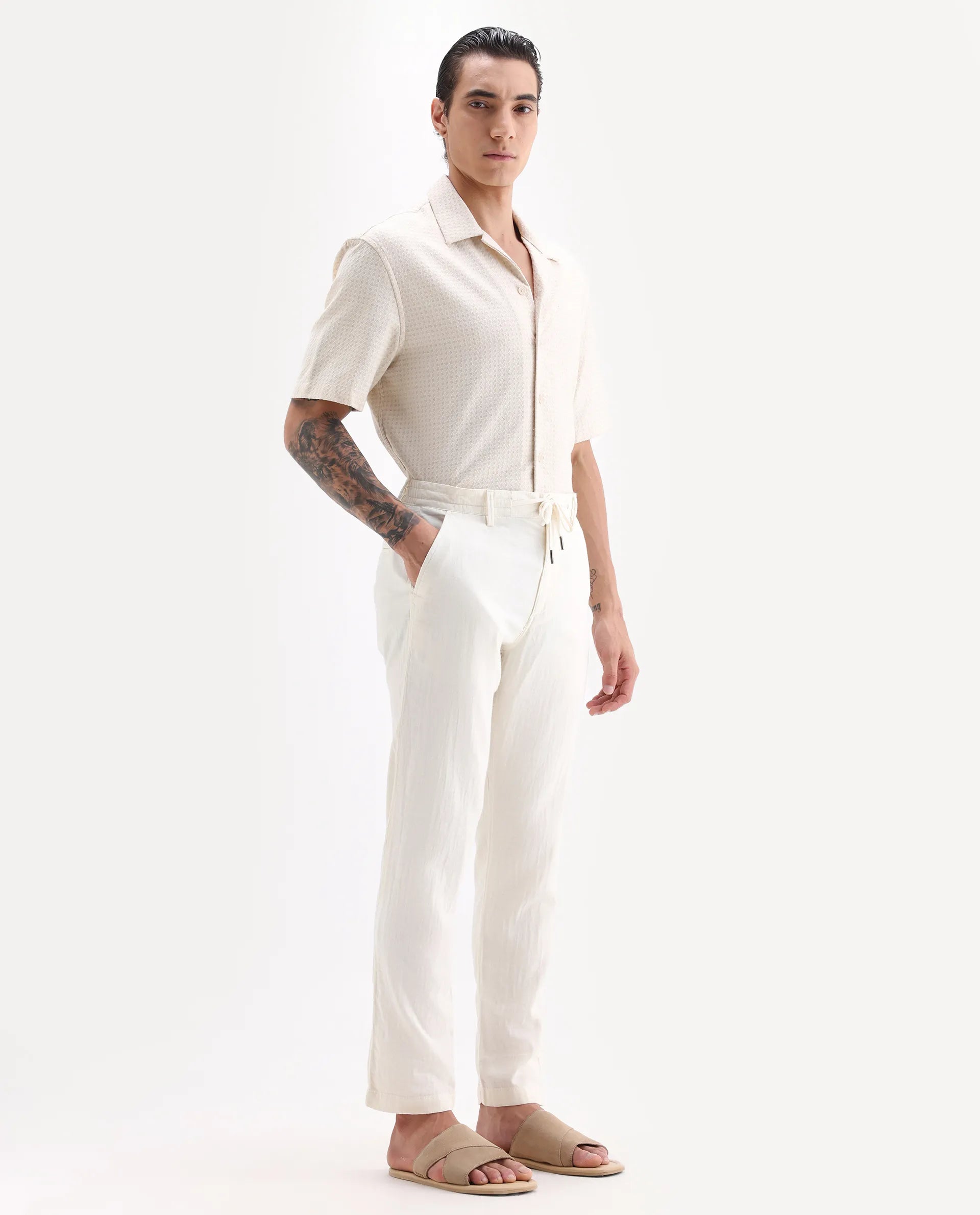 Rare Rabbit Men's Pastor-Aw25 Off White Cotton Plain Regular Fit Trouser