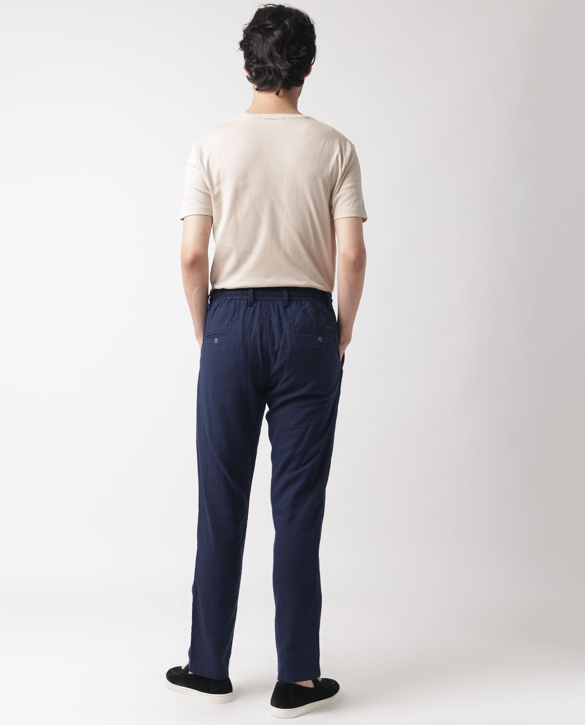 Rare Rabbit Men's Pastor Dark Blue Solid Mid-Rise With Drawstring And Elastic Waistband Regular Fit Trouser