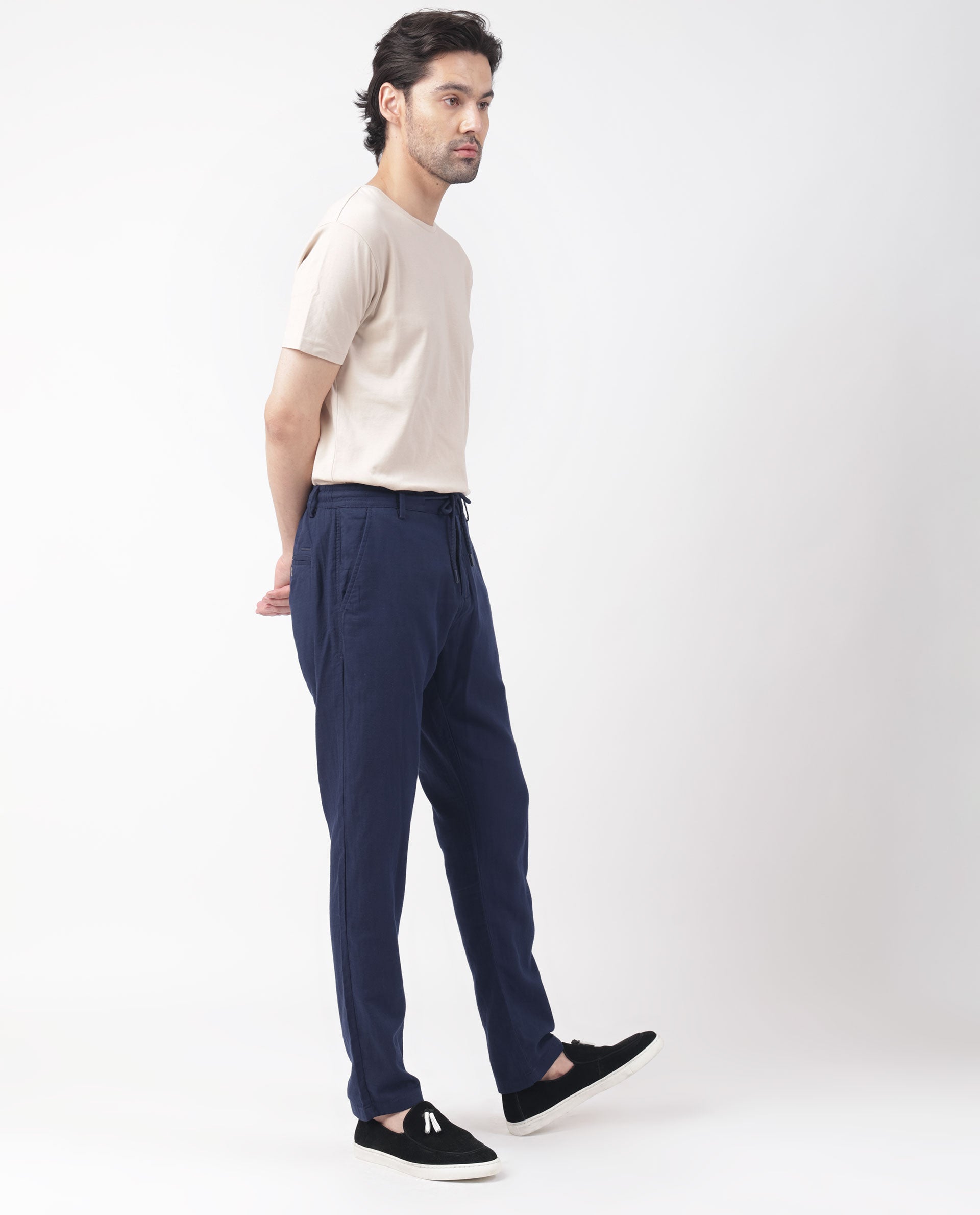 Rare Rabbit Men's Pastor Dark Blue Solid Mid-Rise With Drawstring And Elastic Waistband Regular Fit Trouser