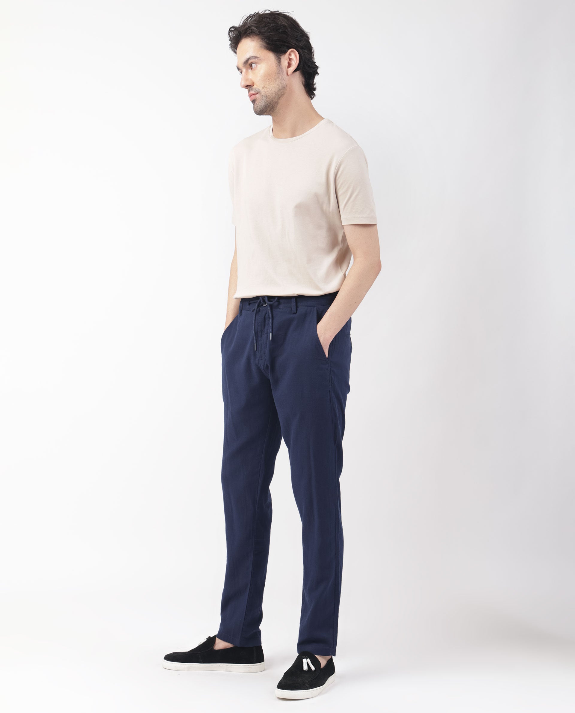 Rare Rabbit Men's Pastor Dark Blue Solid Mid-Rise With Drawstring And Elastic Waistband Regular Fit Trouser