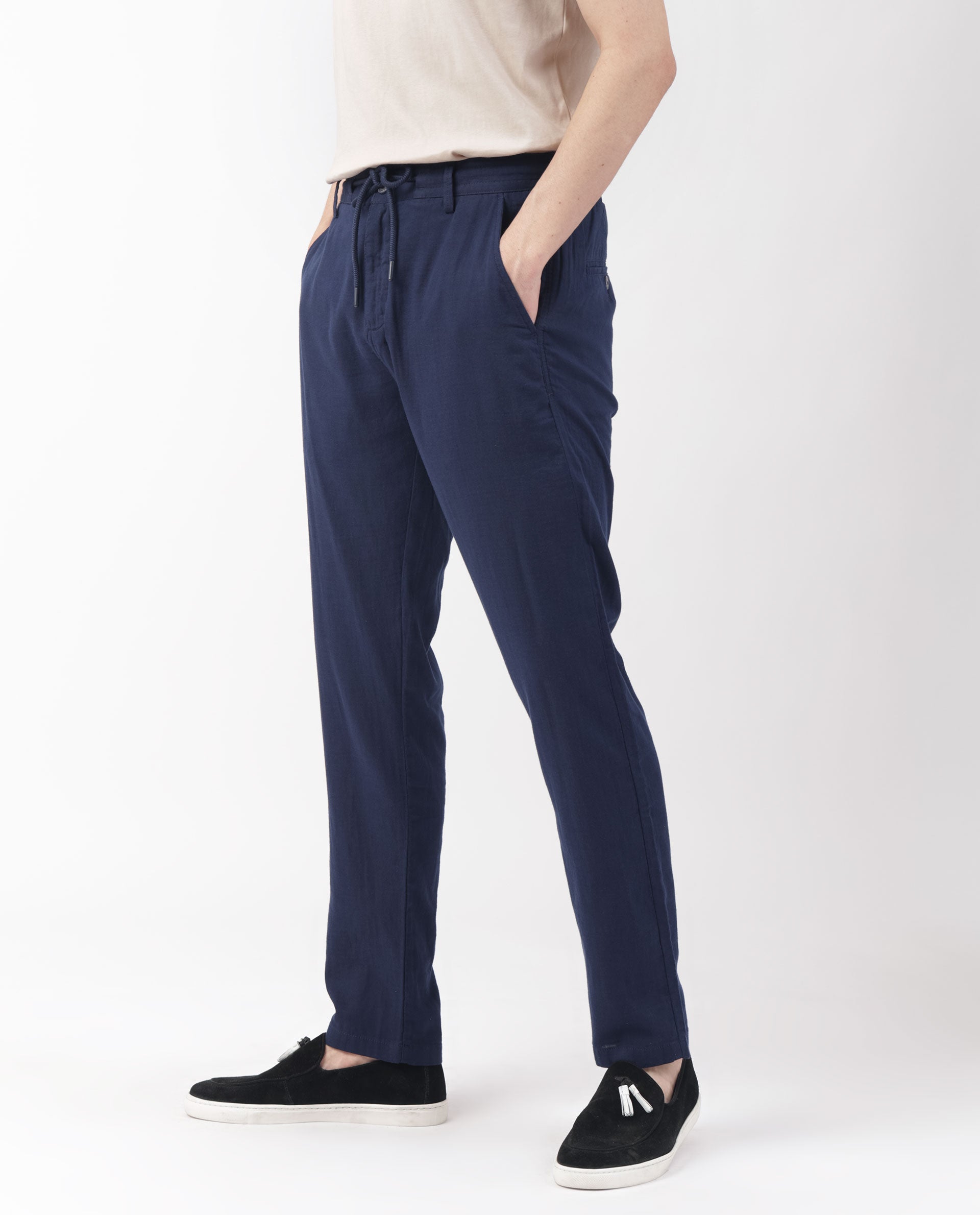 Rare Rabbit Men's Pastor Dark Blue Solid Mid-Rise With Drawstring And Elastic Waistband Regular Fit Trouser