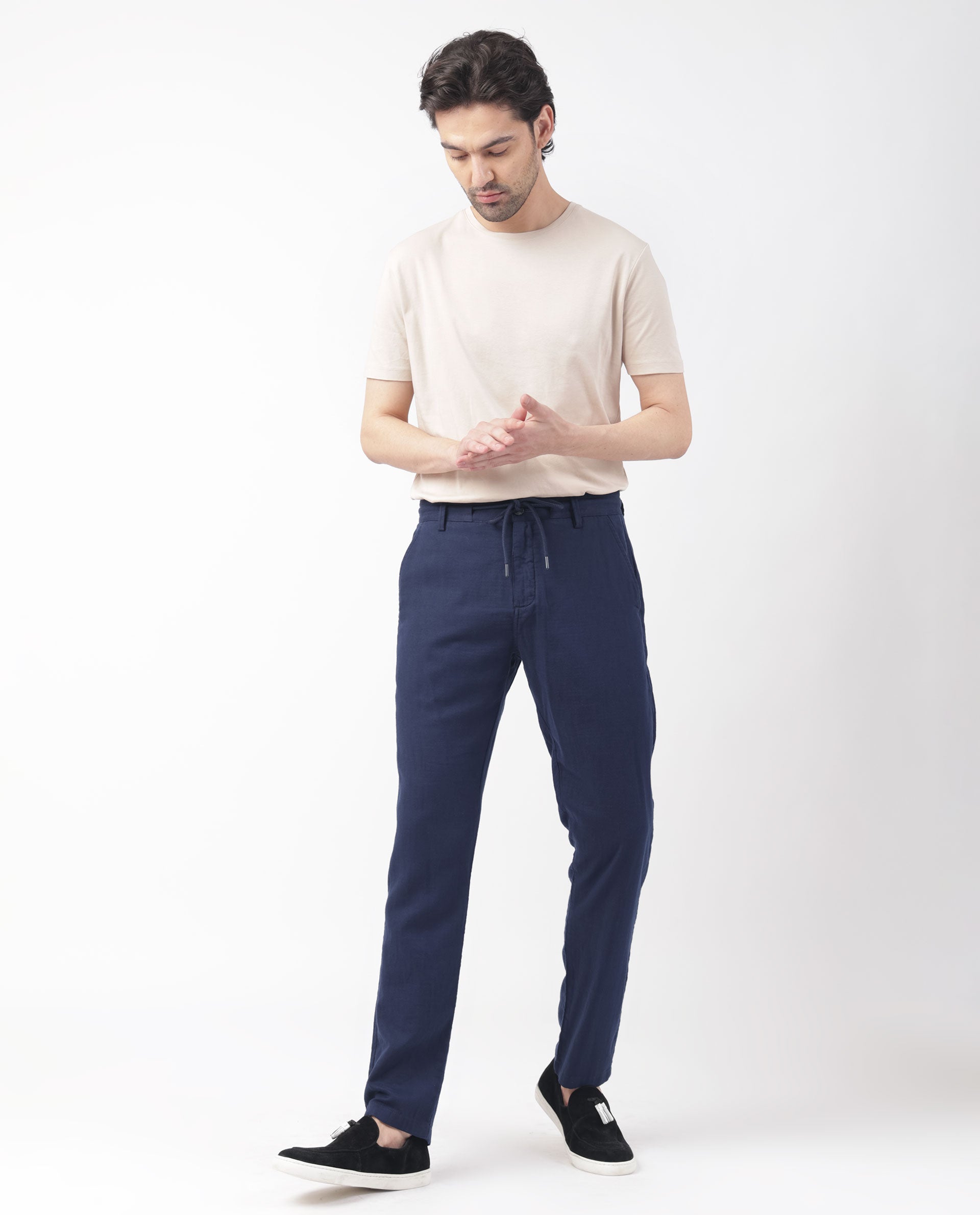 Rare Rabbit Men's Pastor Dark Blue Solid Mid-Rise With Drawstring And Elastic Waistband Regular Fit Trouser