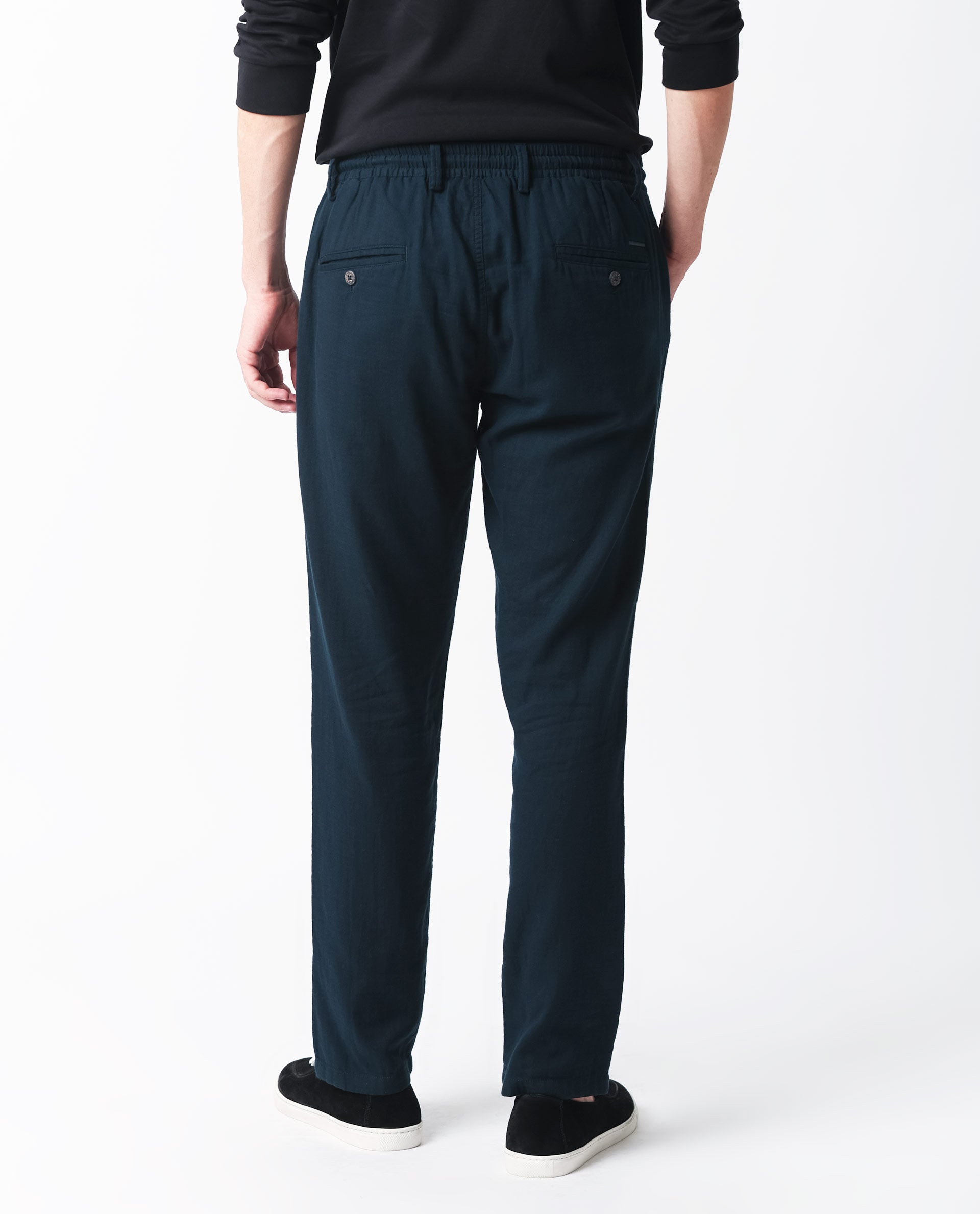 Rare Rabbit Men's Pastor Dark Petrol Solid Mid-Rise With Drawstring And Elastic Waistband Regular Fit Trouser