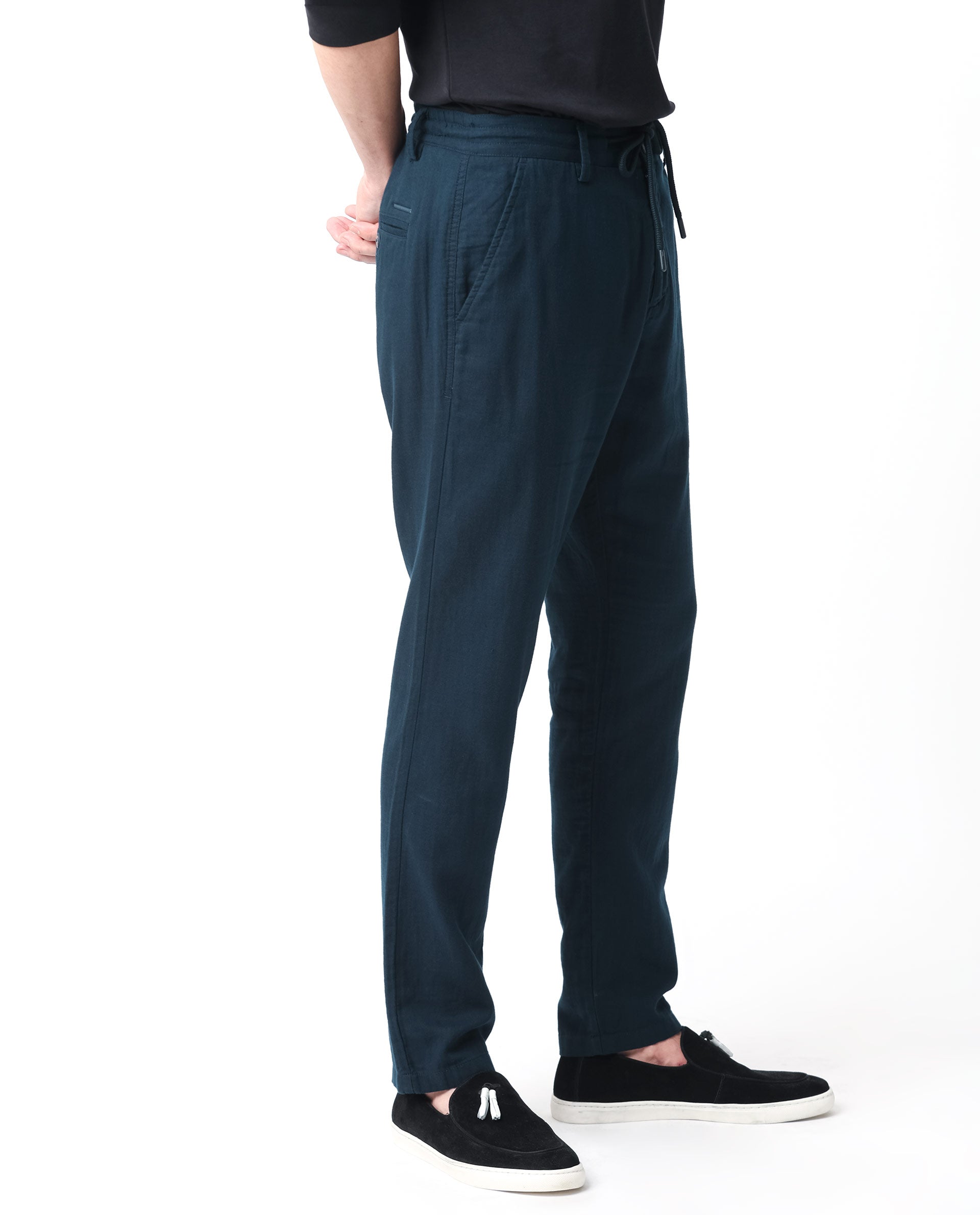 Rare Rabbit Men's Pastor Dark Petrol Solid Mid-Rise With Drawstring And Elastic Waistband Regular Fit Trouser