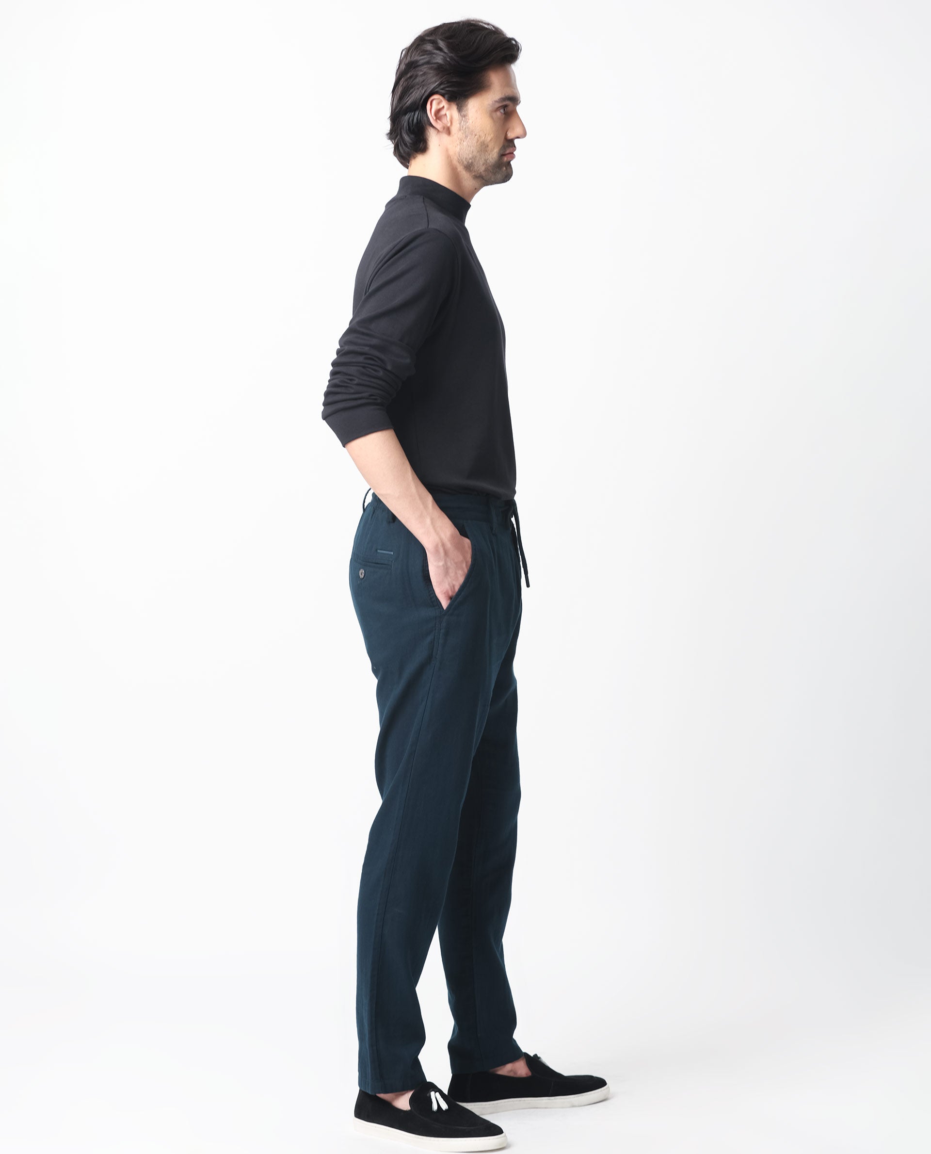 Rare Rabbit Men's Pastor Dark Petrol Solid Mid-Rise With Drawstring And Elastic Waistband Regular Fit Trouser